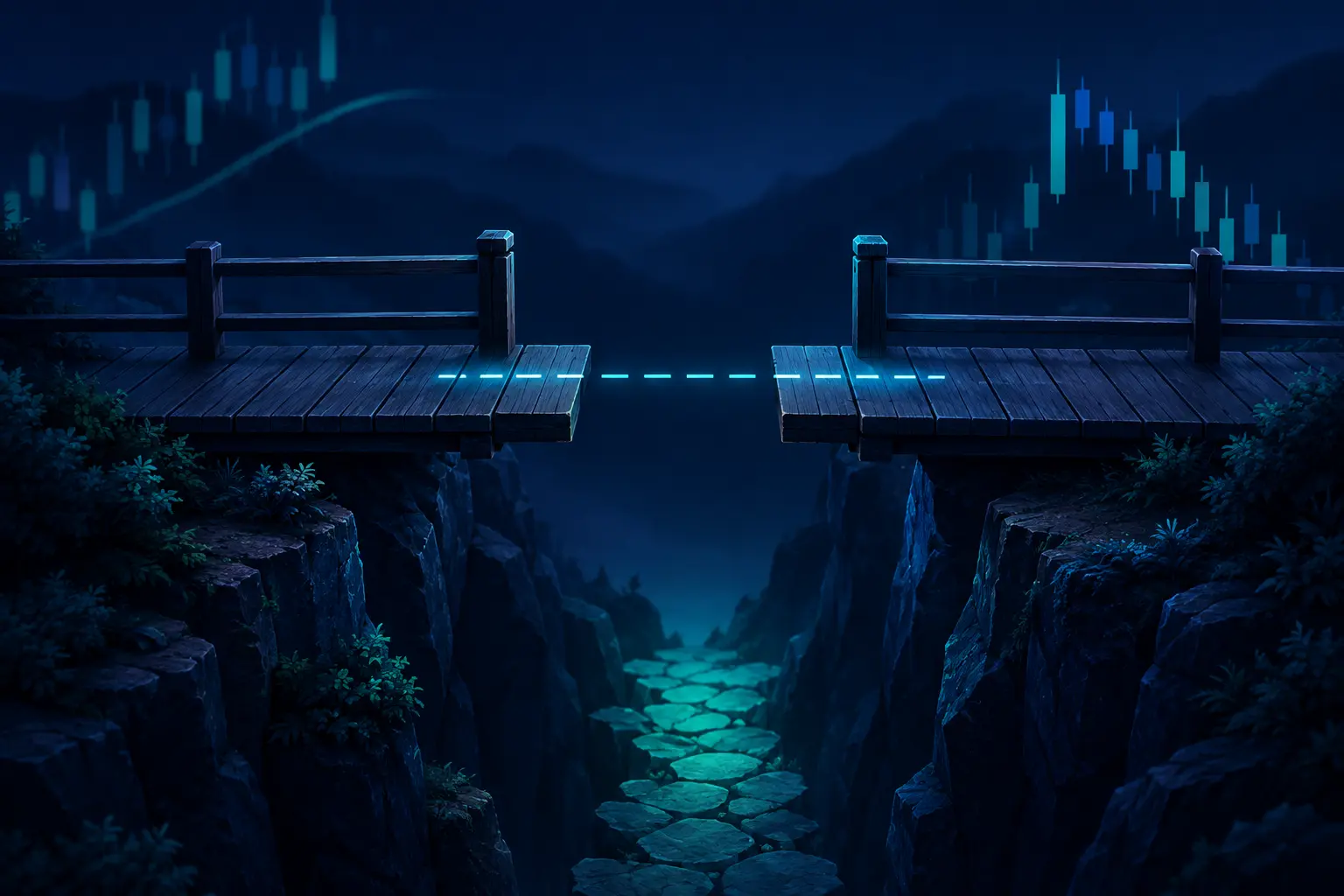 A wooden footbridge over a dark chasm with its middle section missing, a glowing dashed line across the gap where the walker expected solid footing, and a stone path far below.