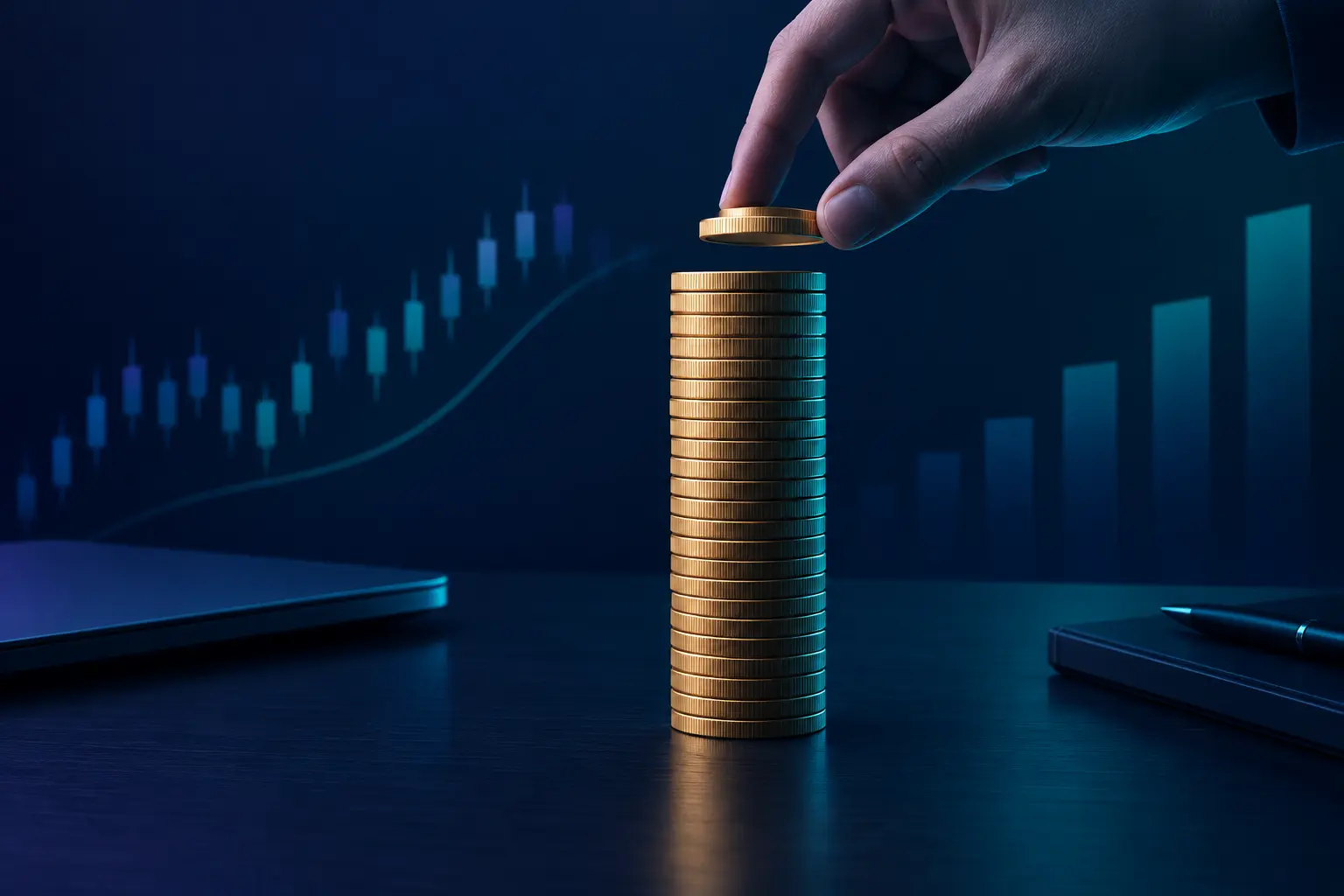 A hand lifting a single coin off the top of a tall stack of identical coins on a desk, the stack still close to its full height.