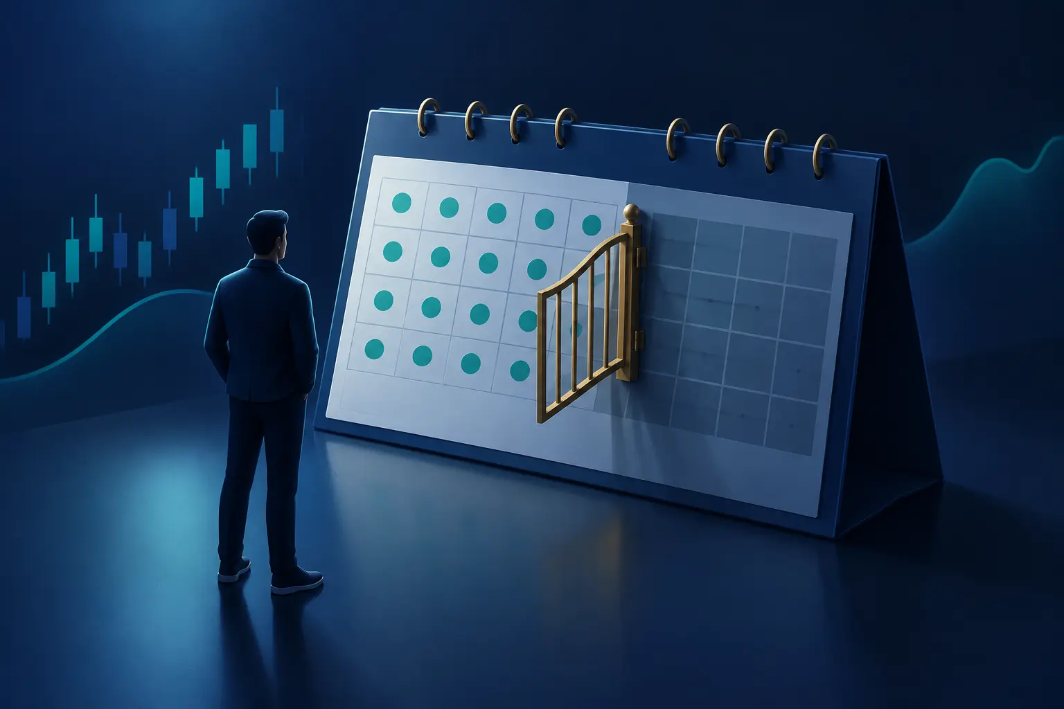 A desk calendar for one month with the first weeks marked off and a brass gate swung shut across the remaining days, while a trader stands in front of it.