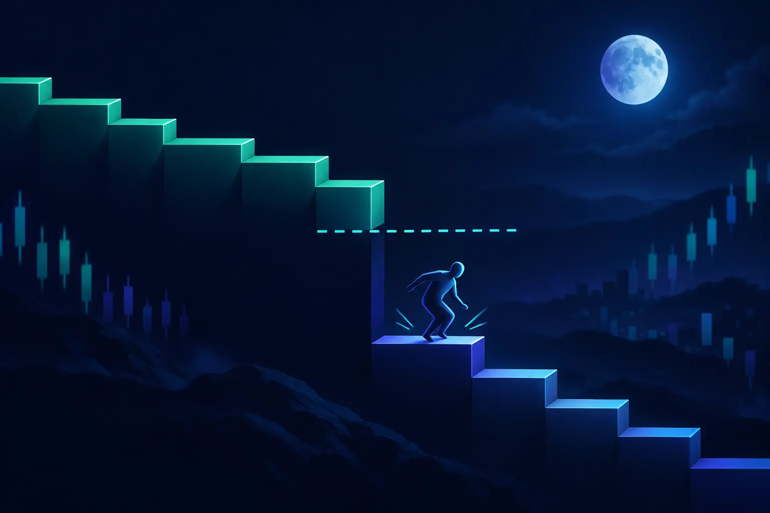 A glowing staircase at night with one step missing, a dashed line marking where the stop sat, and a figure landing hard on a much lower step below the gap.