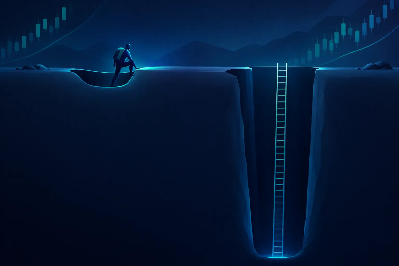 A hiker stepping easily out of a shallow dip on the left while, on the right, a long ladder reaches down into a very deep shaft, contrasting a small loss with a large one.