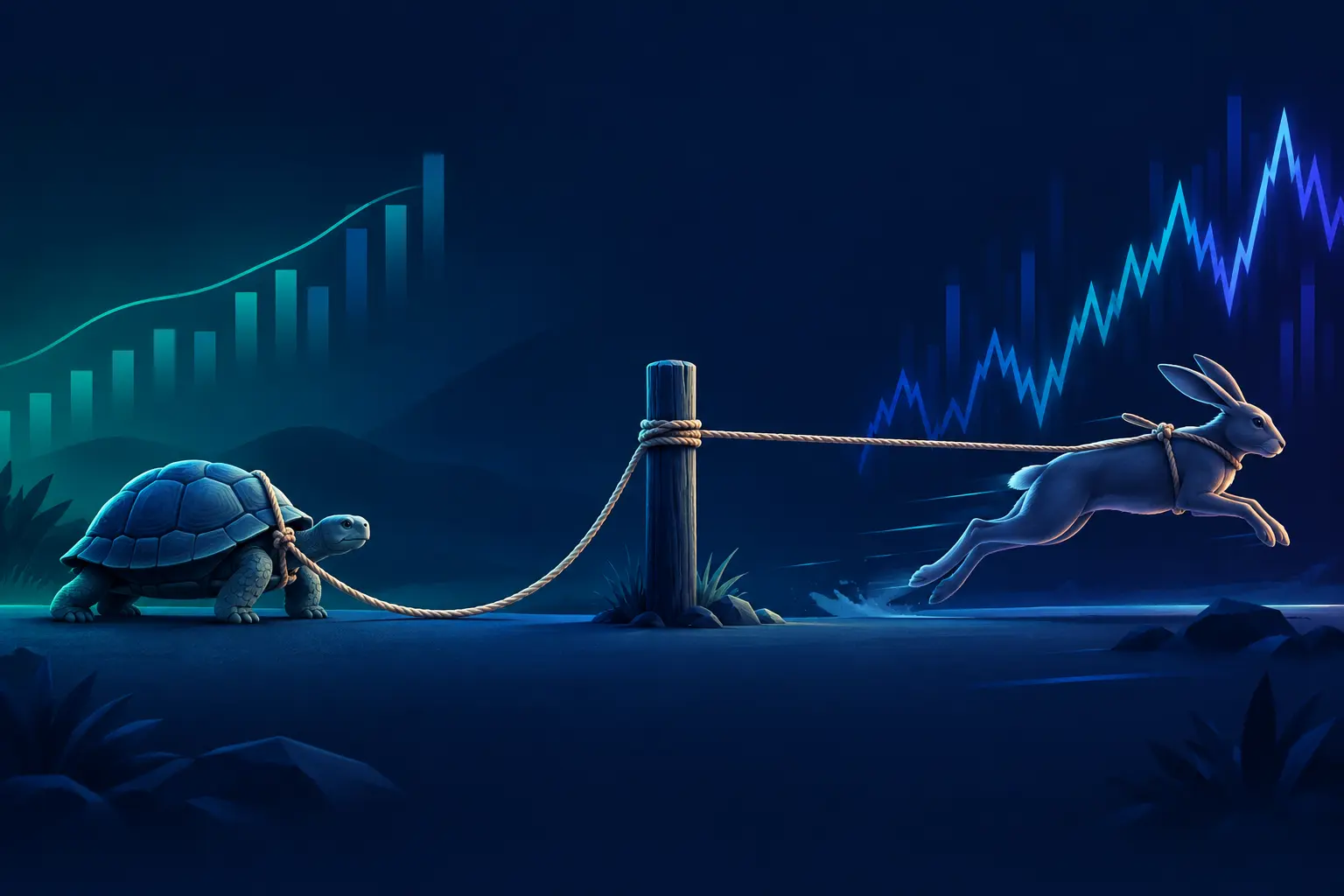 A tortoise and a hare tied to the same fence post with equal lengths of rope: the slow tortoise leaves the rope slack while the leaping hare pulls it taut.