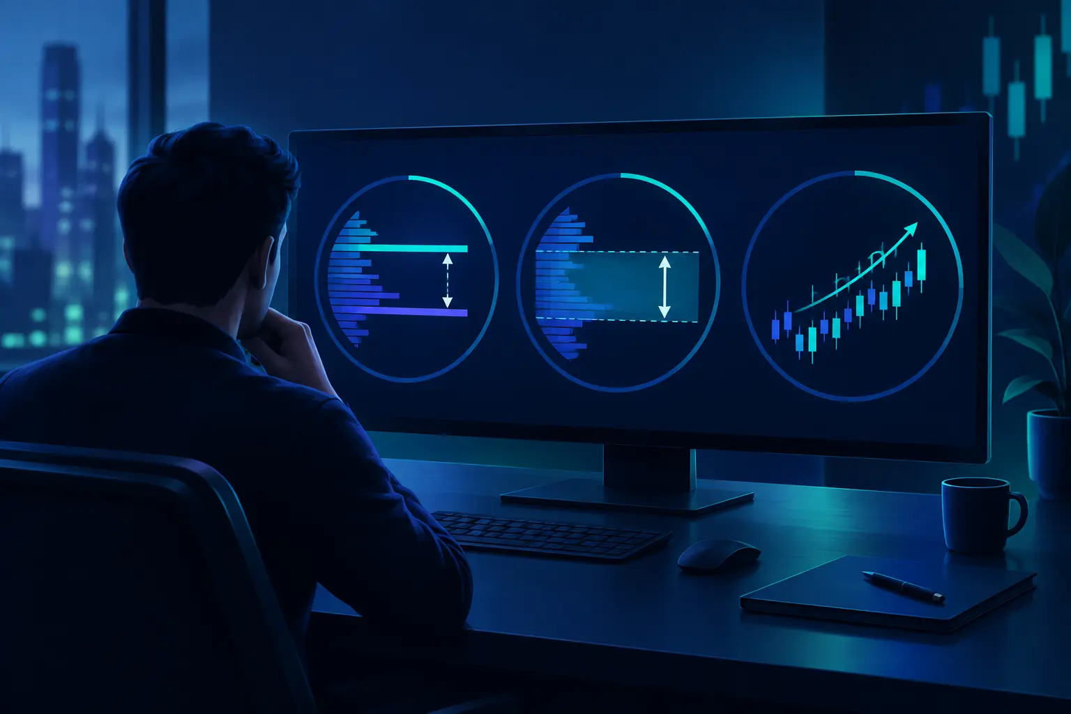 A trader at a desk at night looking at three circular gauges on a monitor: a gap between two price bands, the width of a shaded range, and an arrow rising over a run of candles.