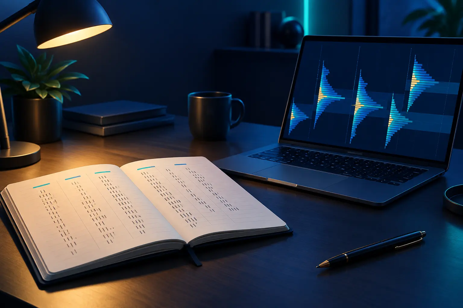 An open notebook filled with columns of handwritten tally marks under a desk lamp, next to a laptop showing several side-by-side market profile distributions.