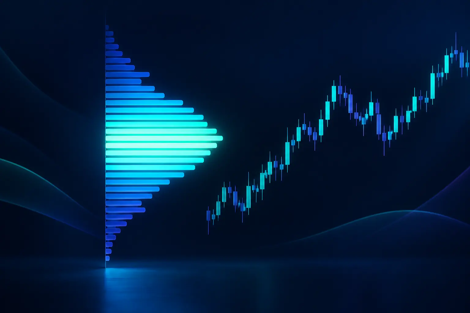 A sideways stack of glowing horizontal bars shaped like a bell curve beside a rising candlestick chart, the long bars in the middle lit brightest and the short bars at the top and bottom fading to dark blue.