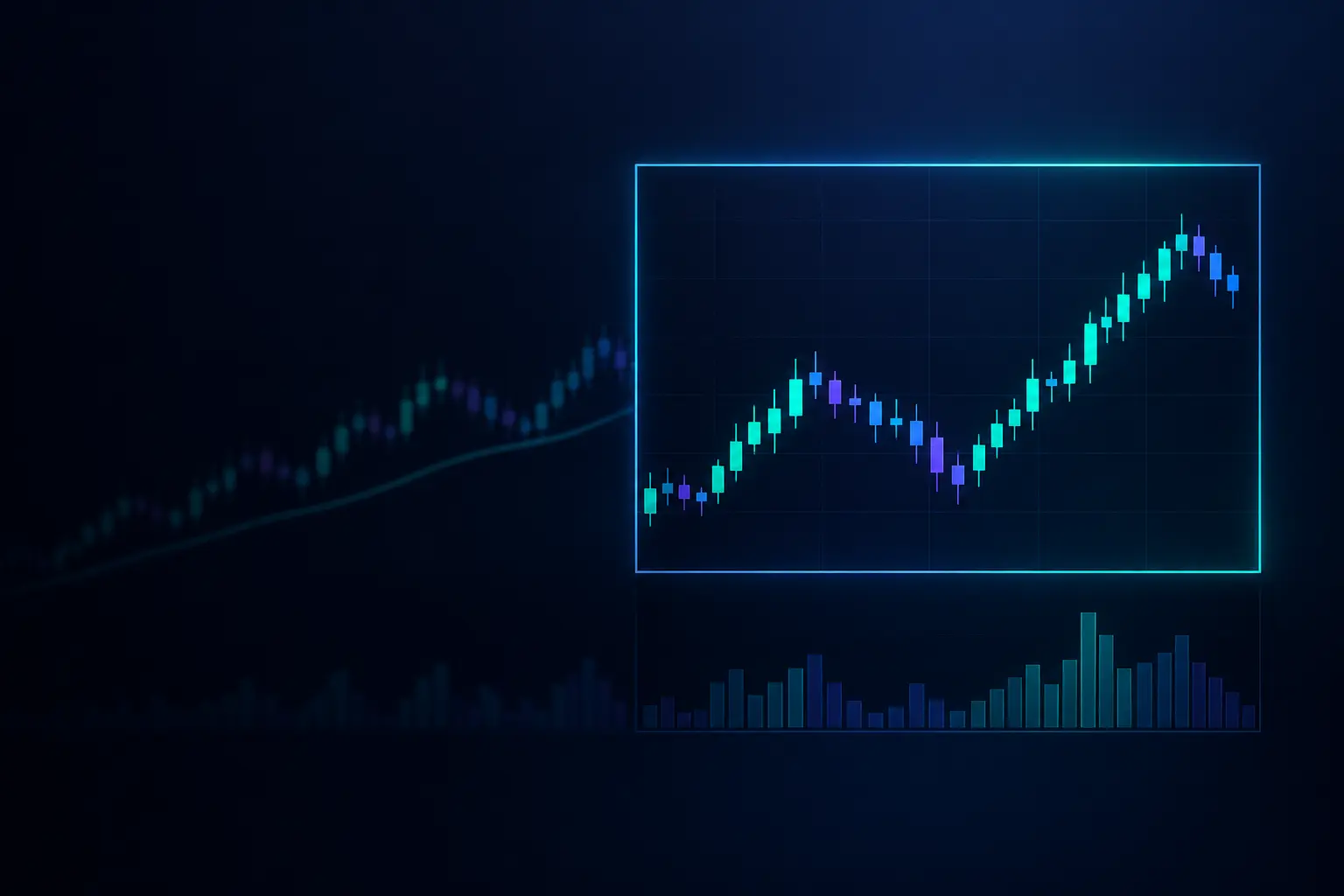 A lit rectangular frame around part of a candlestick chart, with the earlier trend to its left and the volume histogram below it faded almost to black