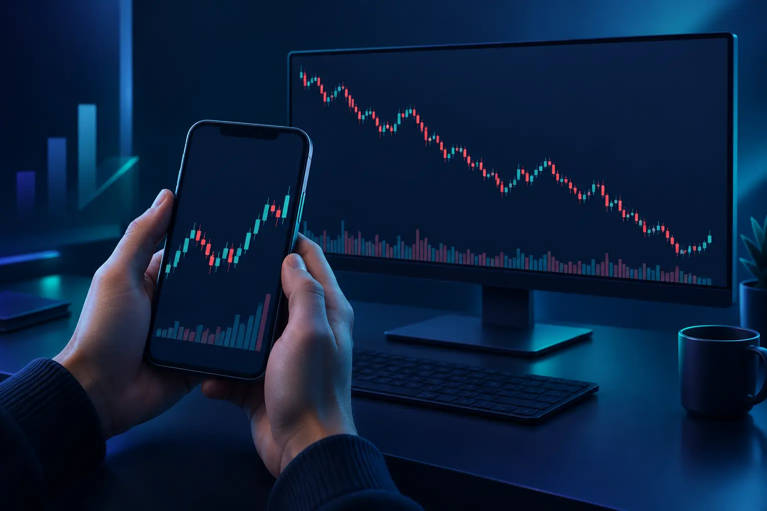 Hands holding a phone showing a short uptrend on a candlestick chart, with a monitor behind it showing the same instrument in a long downtrend