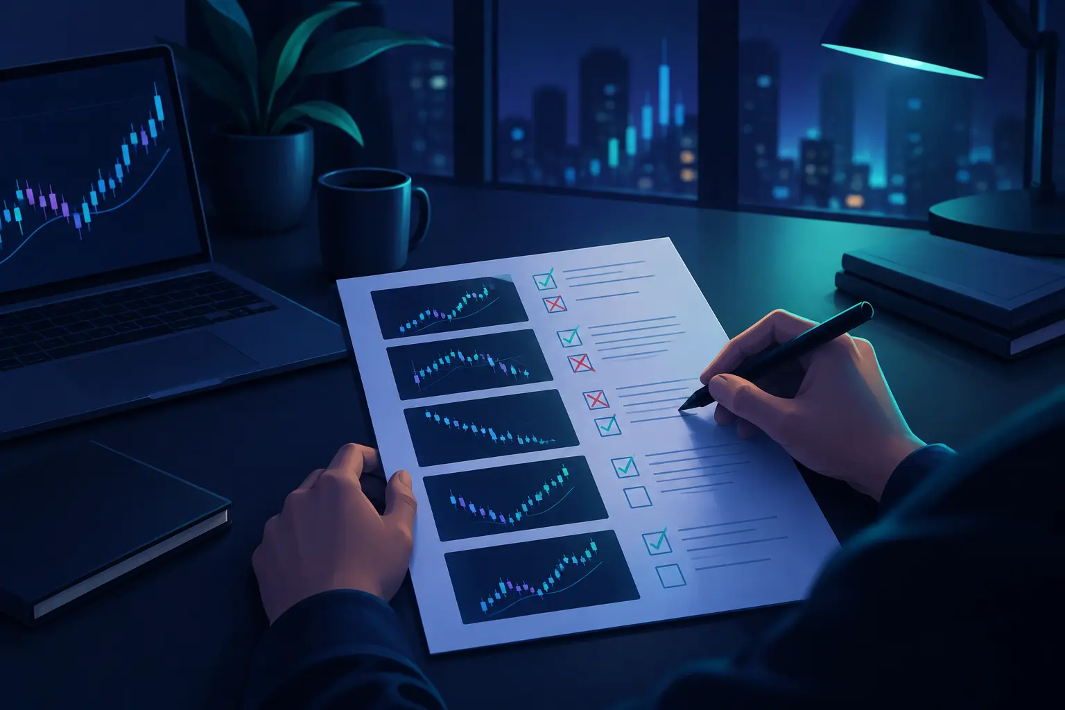 A trader marking a printed review sheet at night, chart thumbnails down the left and a rules checklist beside them ticked and crossed