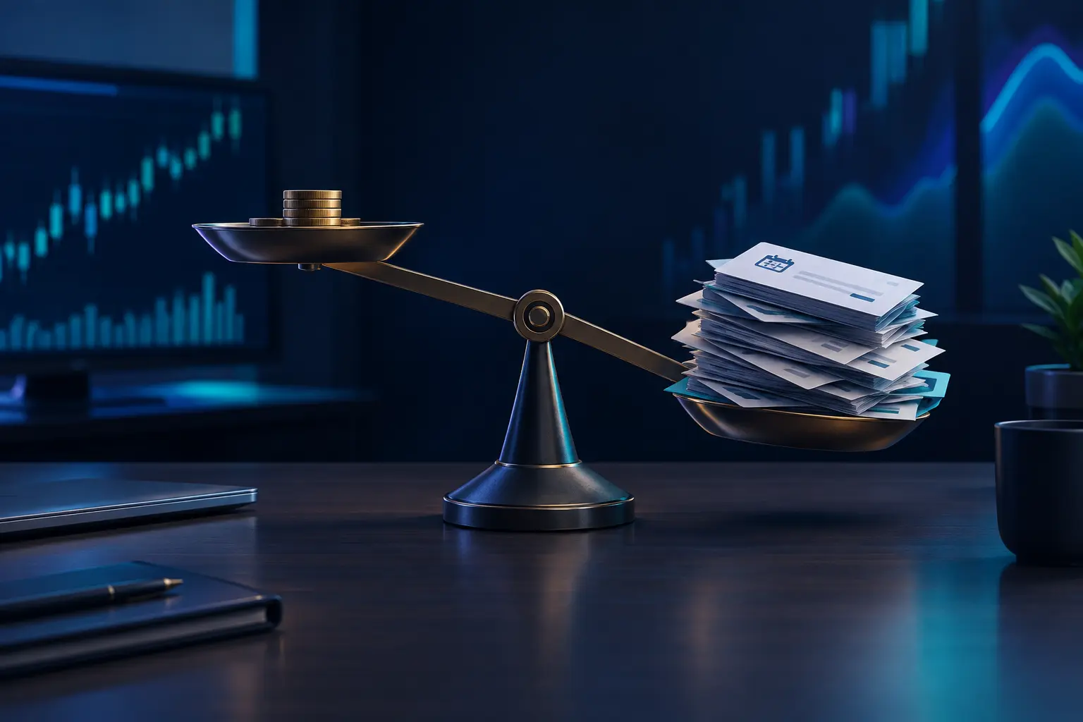 A balance scale on a trading desk where a small stack of coins is outweighed by a tall pile of subscription invoices