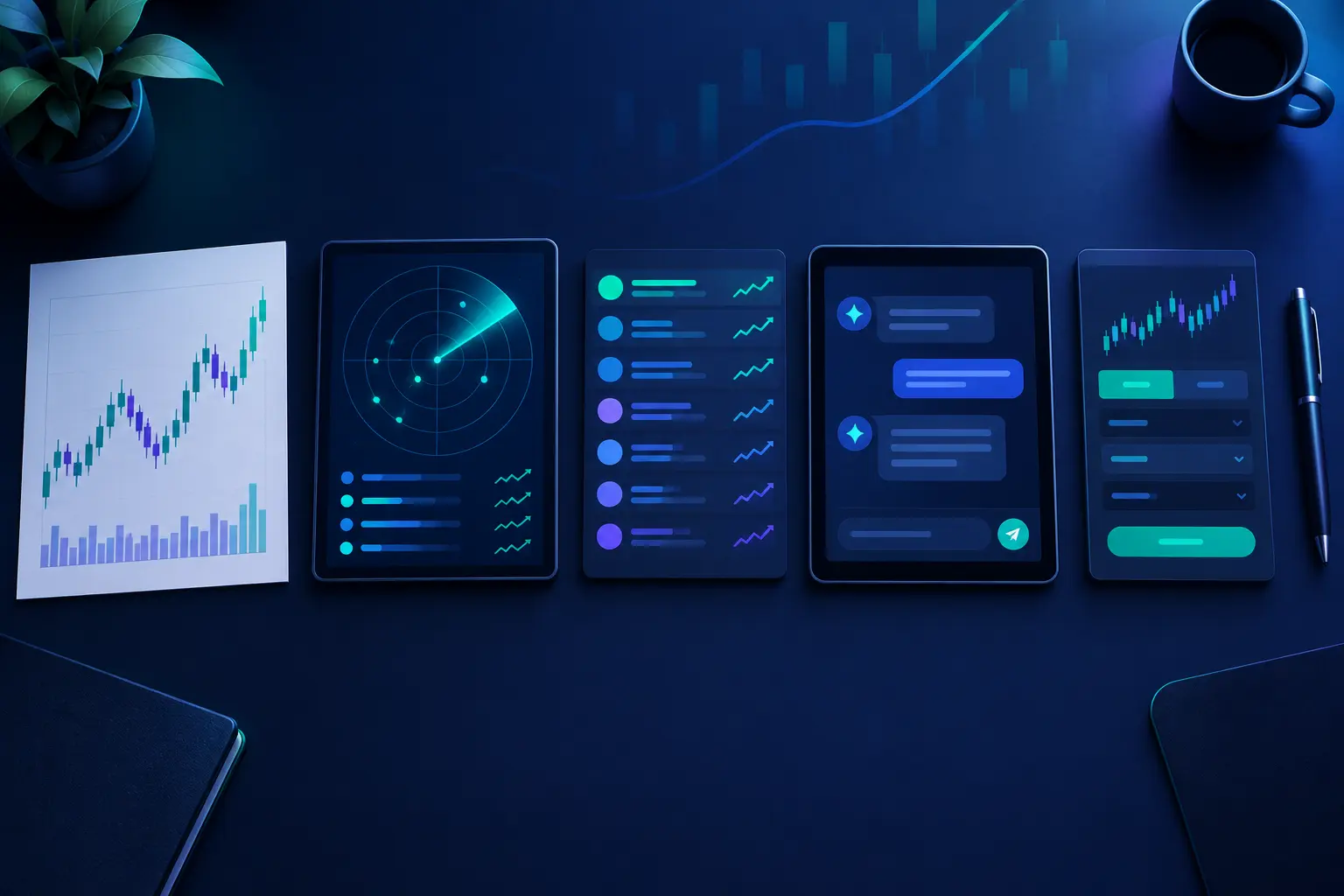 Five tools laid side by side on a dark desk: a printed candlestick chart, a radar-style scanner screen, a ranked list of tickers, an AI chat window on a tablet, and an order ticket on a phone