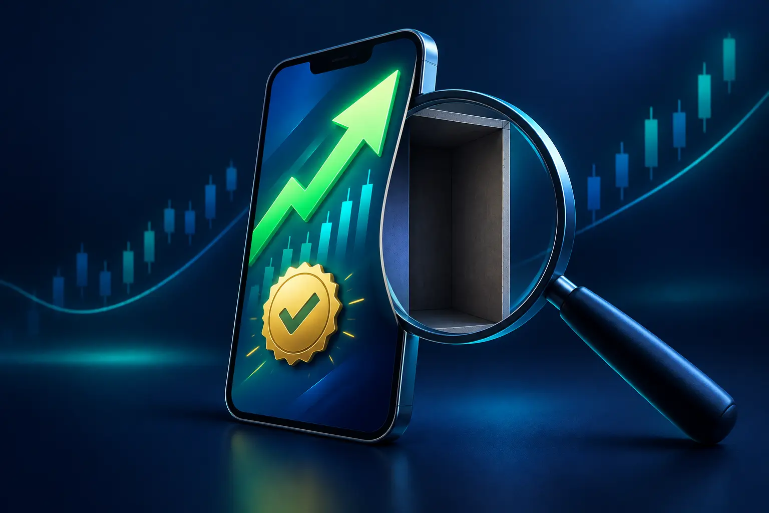 A phone showing a trading app ad with a green arrow and a gold approval badge, while a magnifying glass reveals an empty box behind the screen