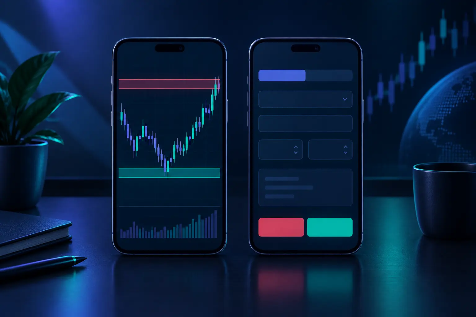 A phone on a desk shows a currency pair chart with highlighted support and resistance zones while a separate phone next to it shows a broker order ticket waiting to be filled in