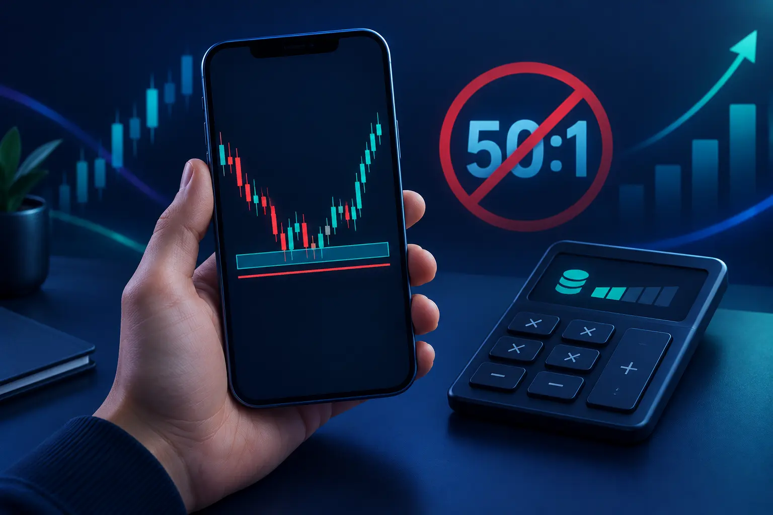 A hand holding a phone that shows a forex chart with a red stop line below a support zone, a calculator beside it, and a 50:1 leverage label crossed out in the background