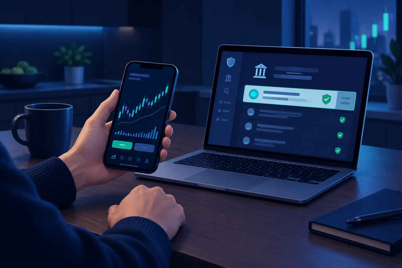 A trader at a kitchen table holds a phone showing a forex app while a laptop beside it displays a regulator lookup page with a green membership badge and a firm name highlighted