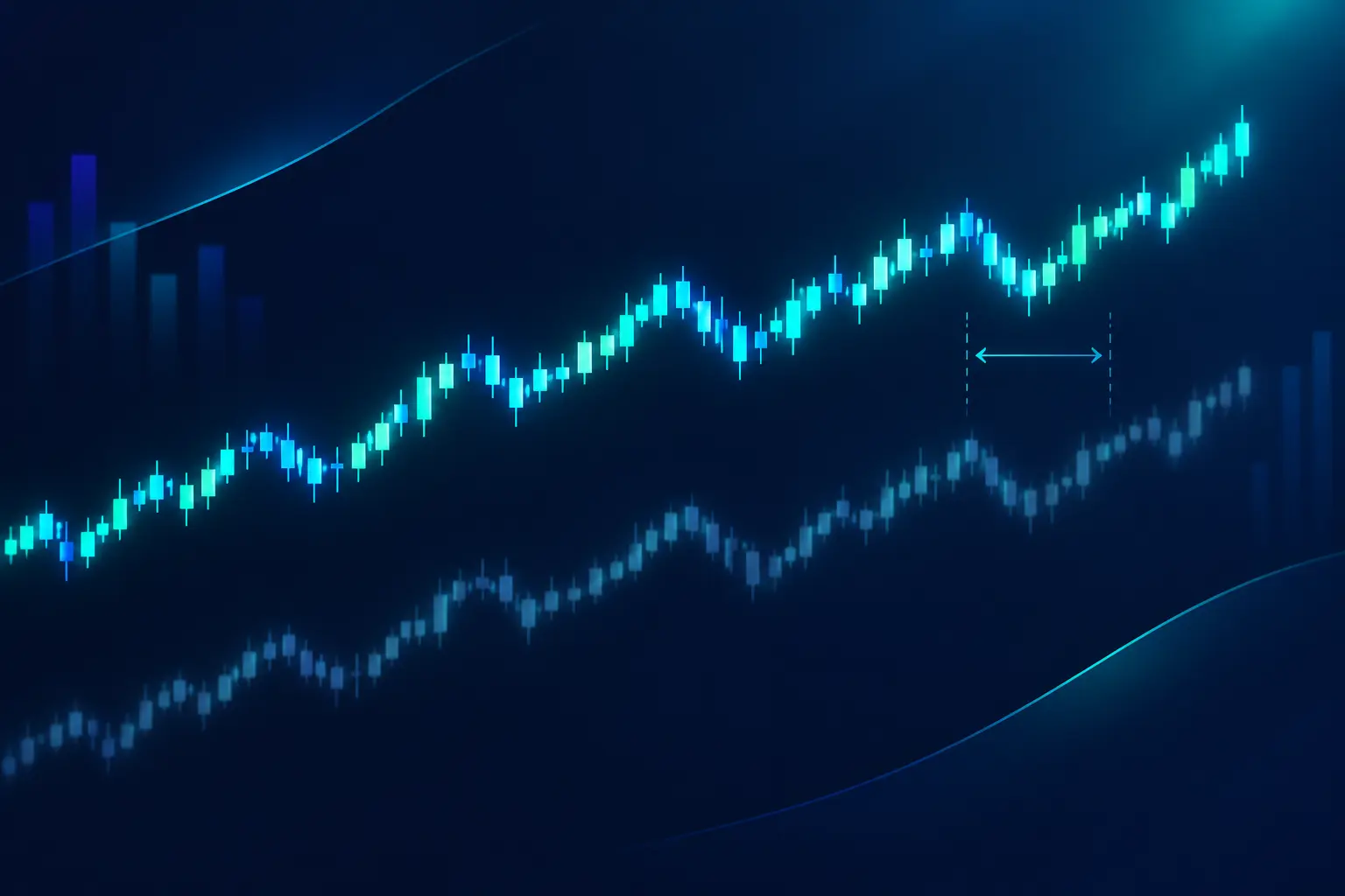 Two streams of candlesticks tracing the same move, the upper one bright and current and the lower one faded and lagging behind it, with the gap between them marked
