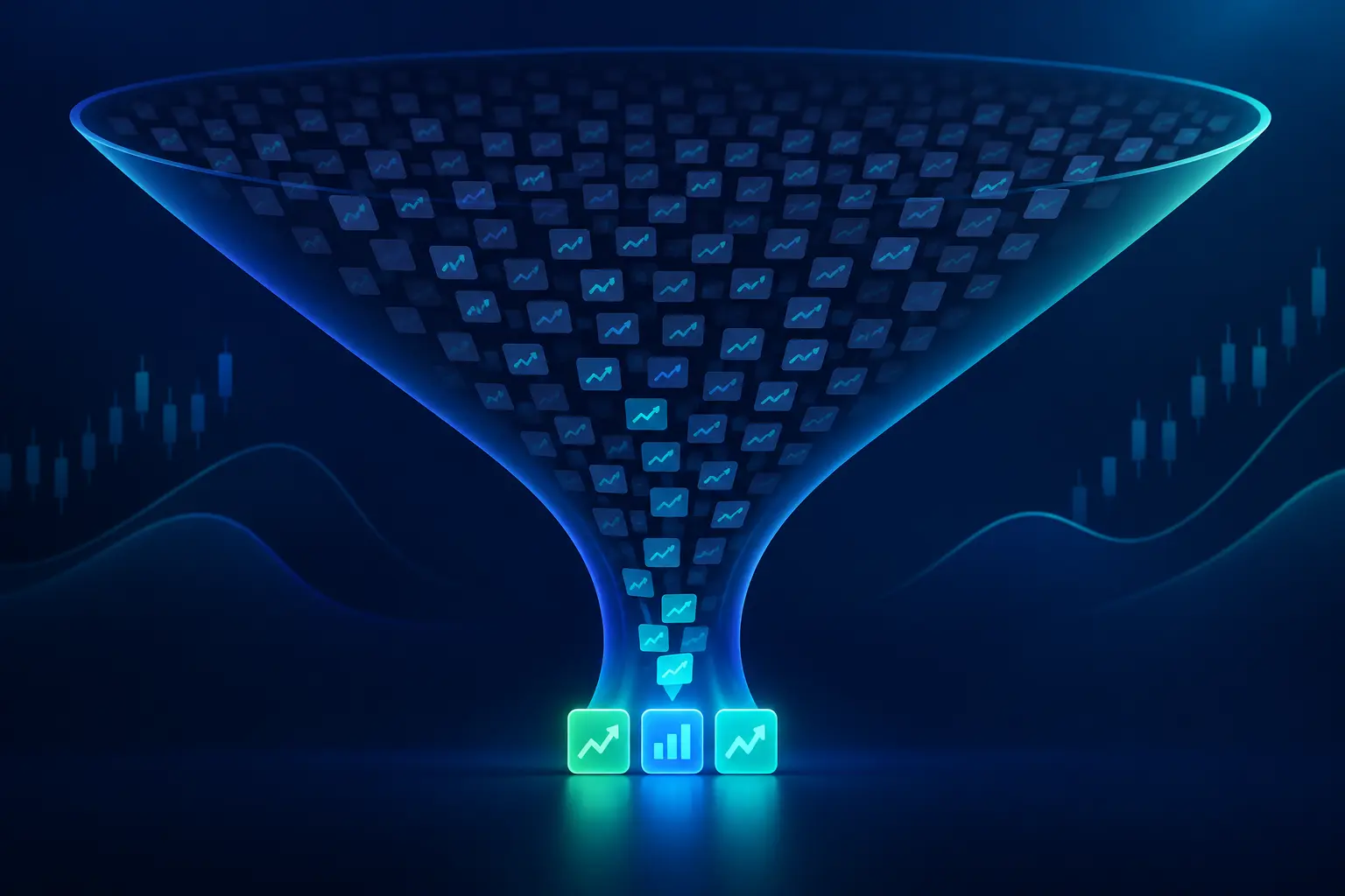 A wide funnel holding hundreds of dim ticker tiles that narrow to three brightly lit ones at the spout