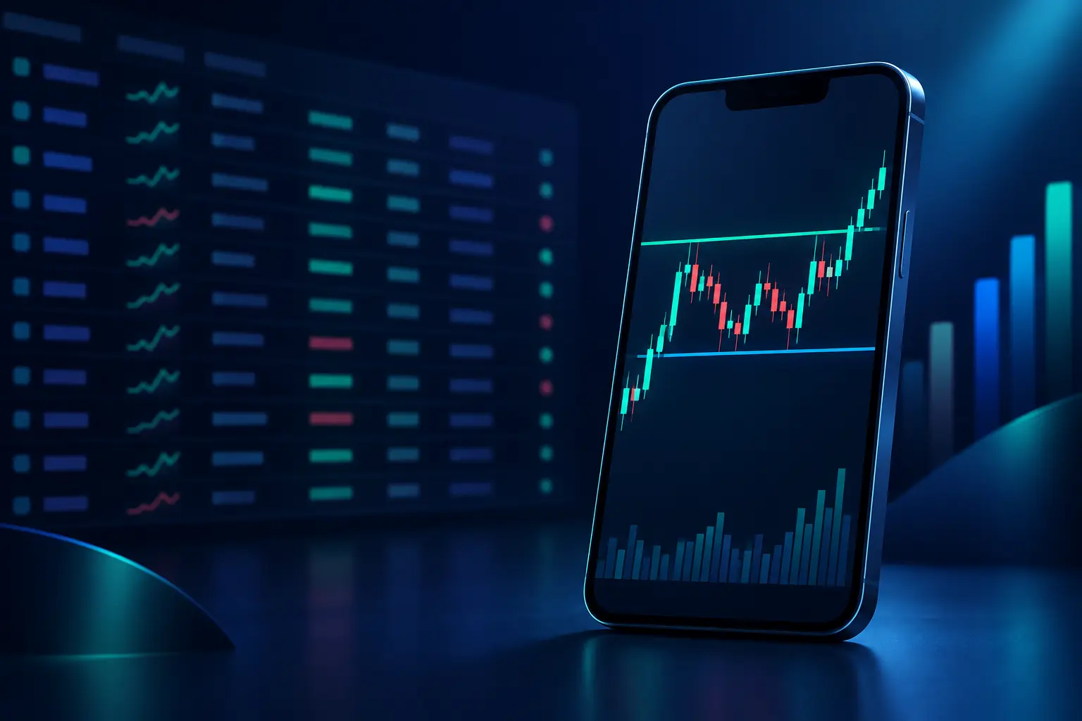 A phone showing a single candlestick chart with support and resistance drawn across it, lit sharply while a wall of scanner result rows fades into the background