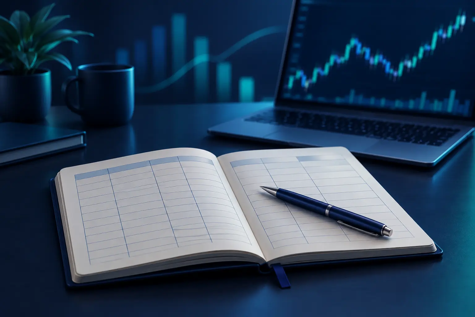 An open trading journal with ruled columns and a pen resting on it, beside a coffee mug and a laptop showing a candlestick chart