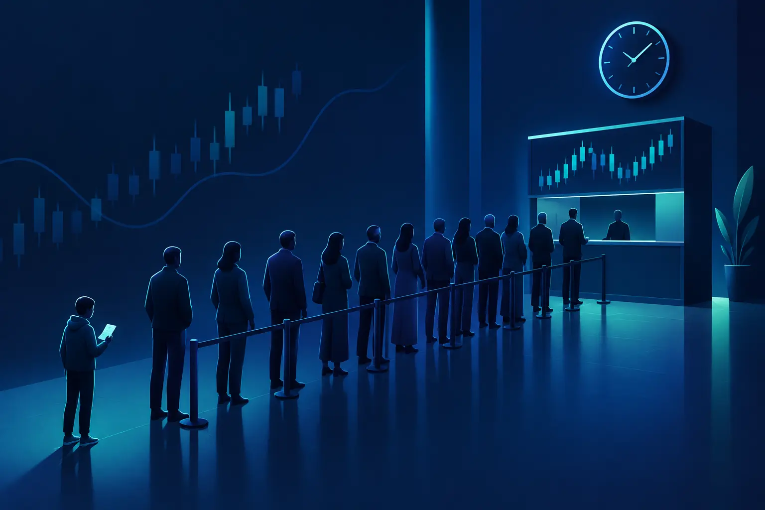 A long roped queue of people waiting at a market counter under a price board and a wall clock, with one small figure at the very back reading an order slip