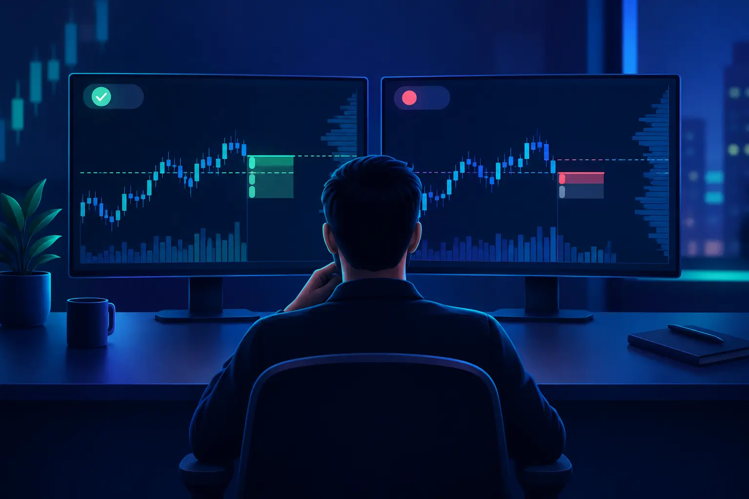 A trader seen from behind at a desk with two monitors showing the same chart, the left screen with a green check and a filled green order block, the right with a red marker and a smaller red order block a step lower