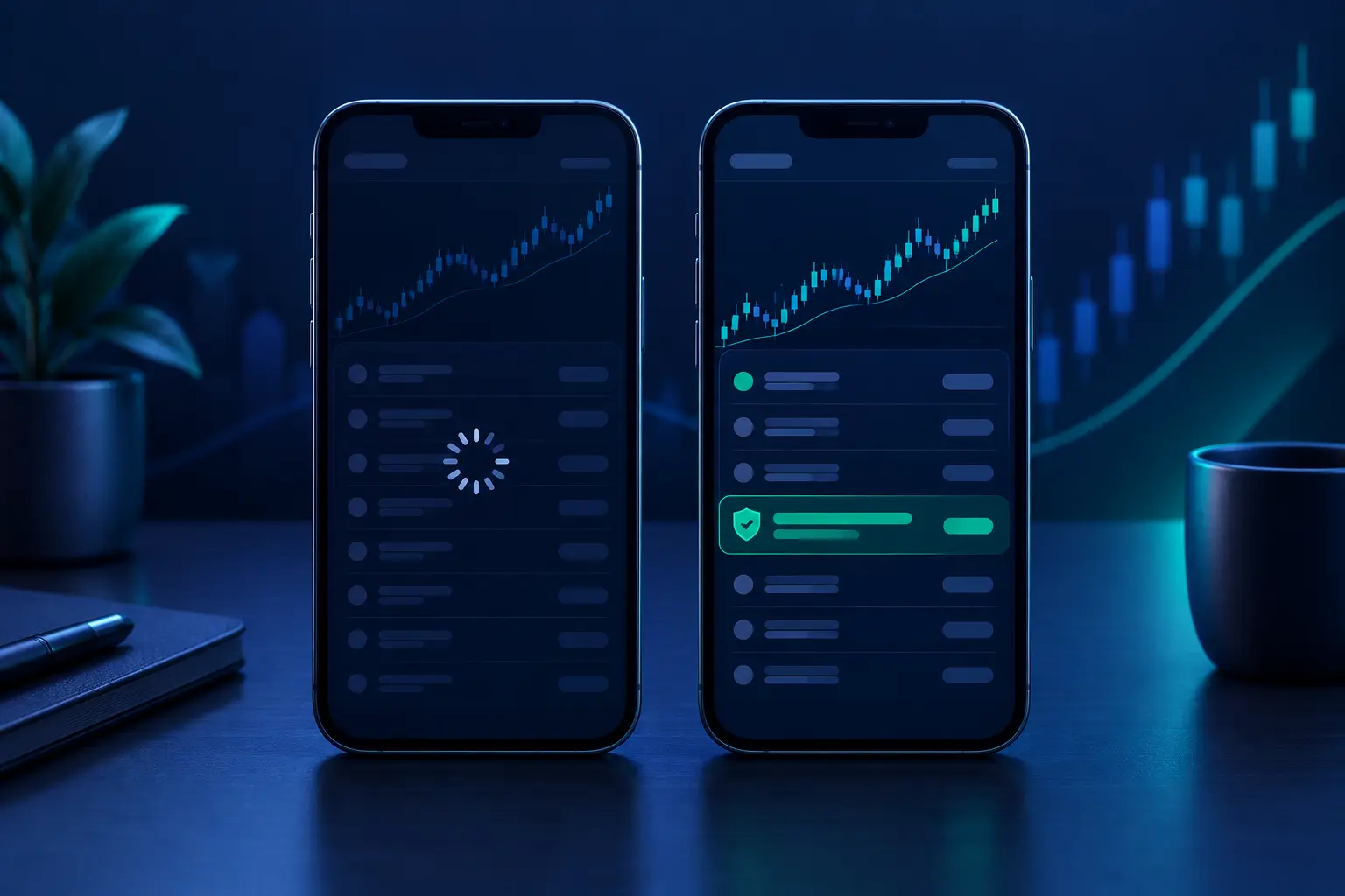 Two phones on a desk: one frozen with a spinning loader over an orders list, the other showing the same account with a protective stop order highlighted as active