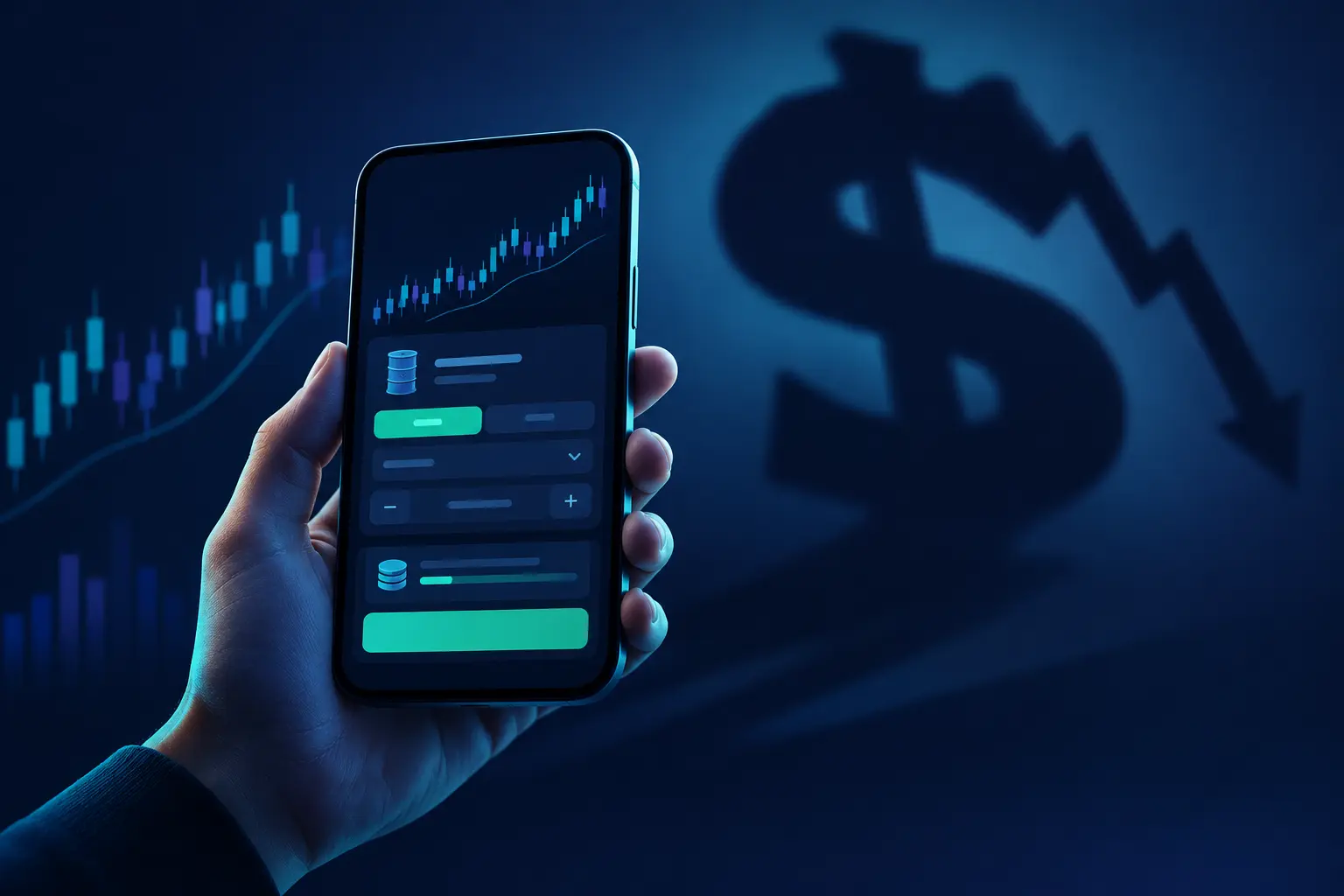 A hand holding a phone with a futures order ticket, while a large shadowed dollar sign with a falling arrow looms behind it
