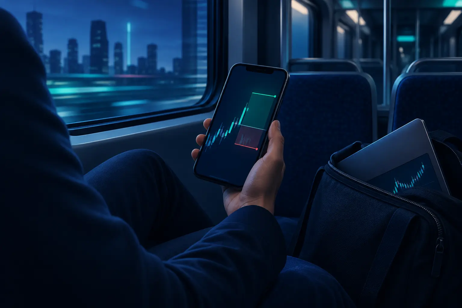 A trader on a train holding a phone that shows a futures position with a green target zone and a red stop zone, with a laptop of charts tucked in a bag beside them