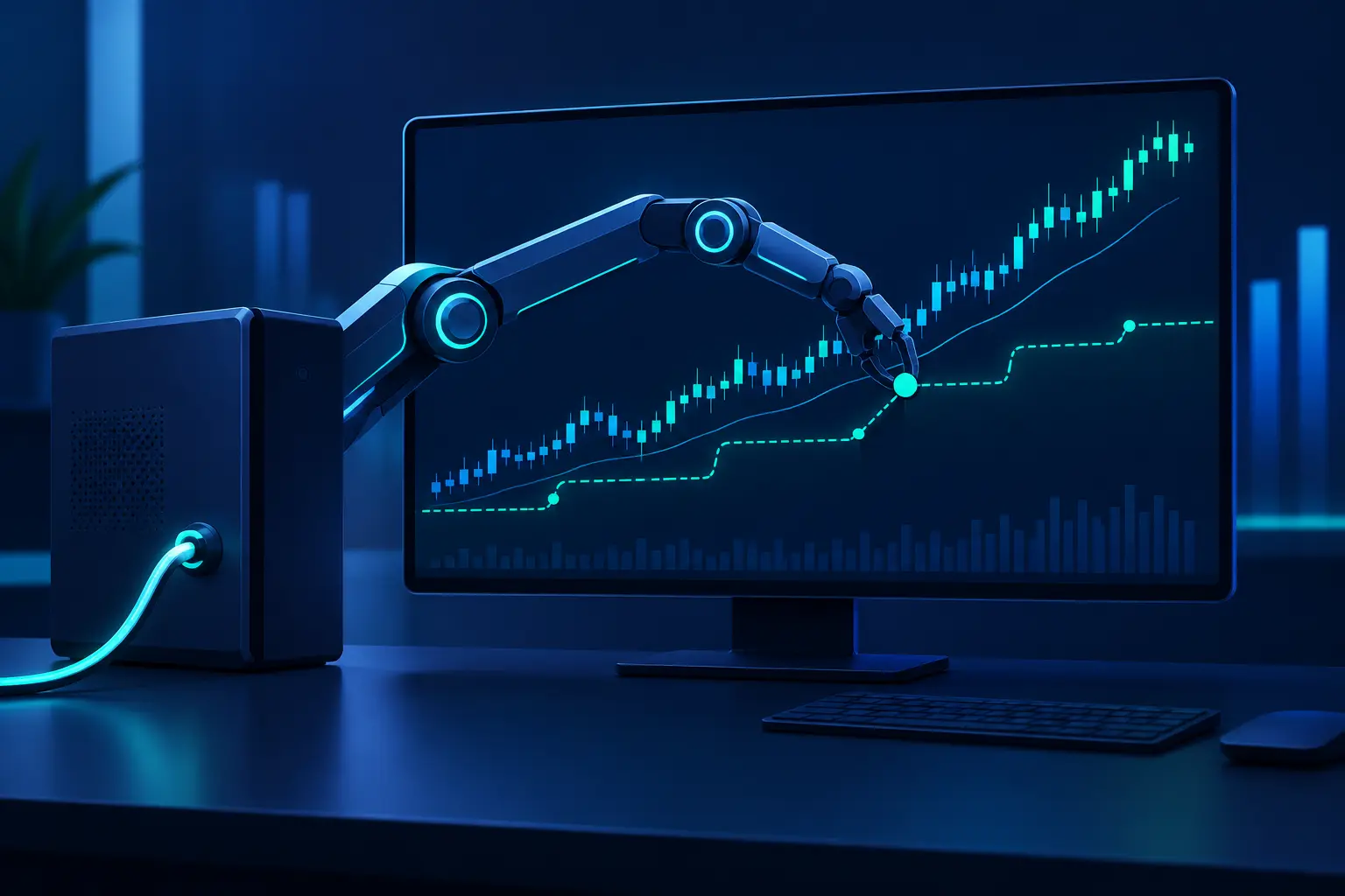 A robotic arm powered by a cable from the desktop computer steps a dashed stop-loss line up behind a rising candlestick chart on the monitor