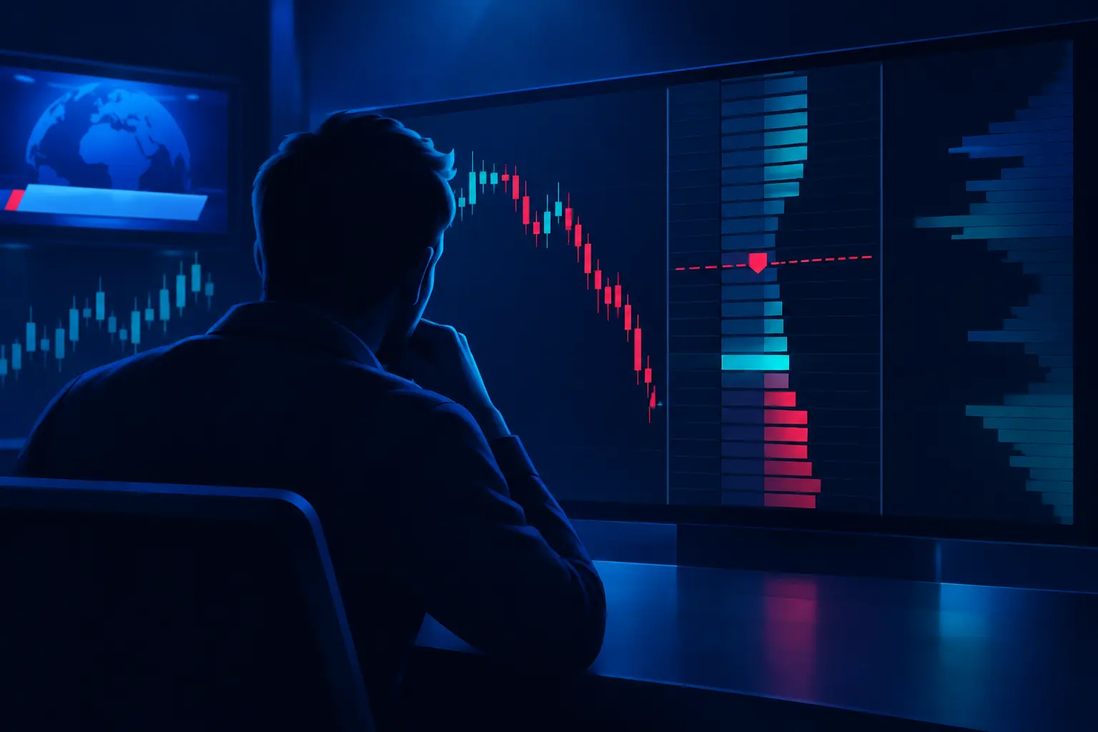 A trader seen from behind as red candles fall on a futures chart and the price ladder drops below the red dashed stop marker during a news broadcast
