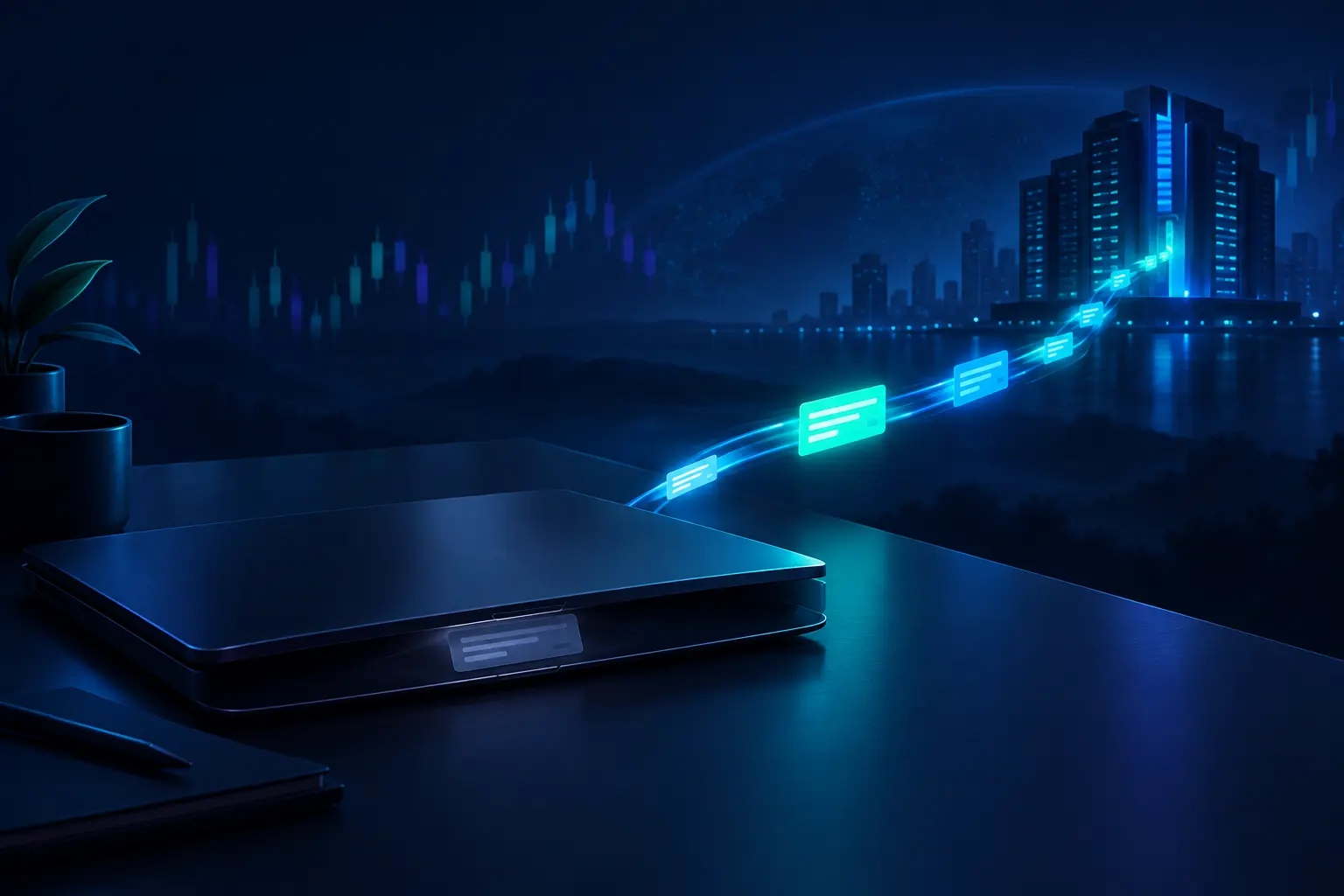 A closed laptop on a dark desk while glowing order tickets travel along a line to a distant exchange building, with one dimmed ticket still stuck inside the sleeping laptop