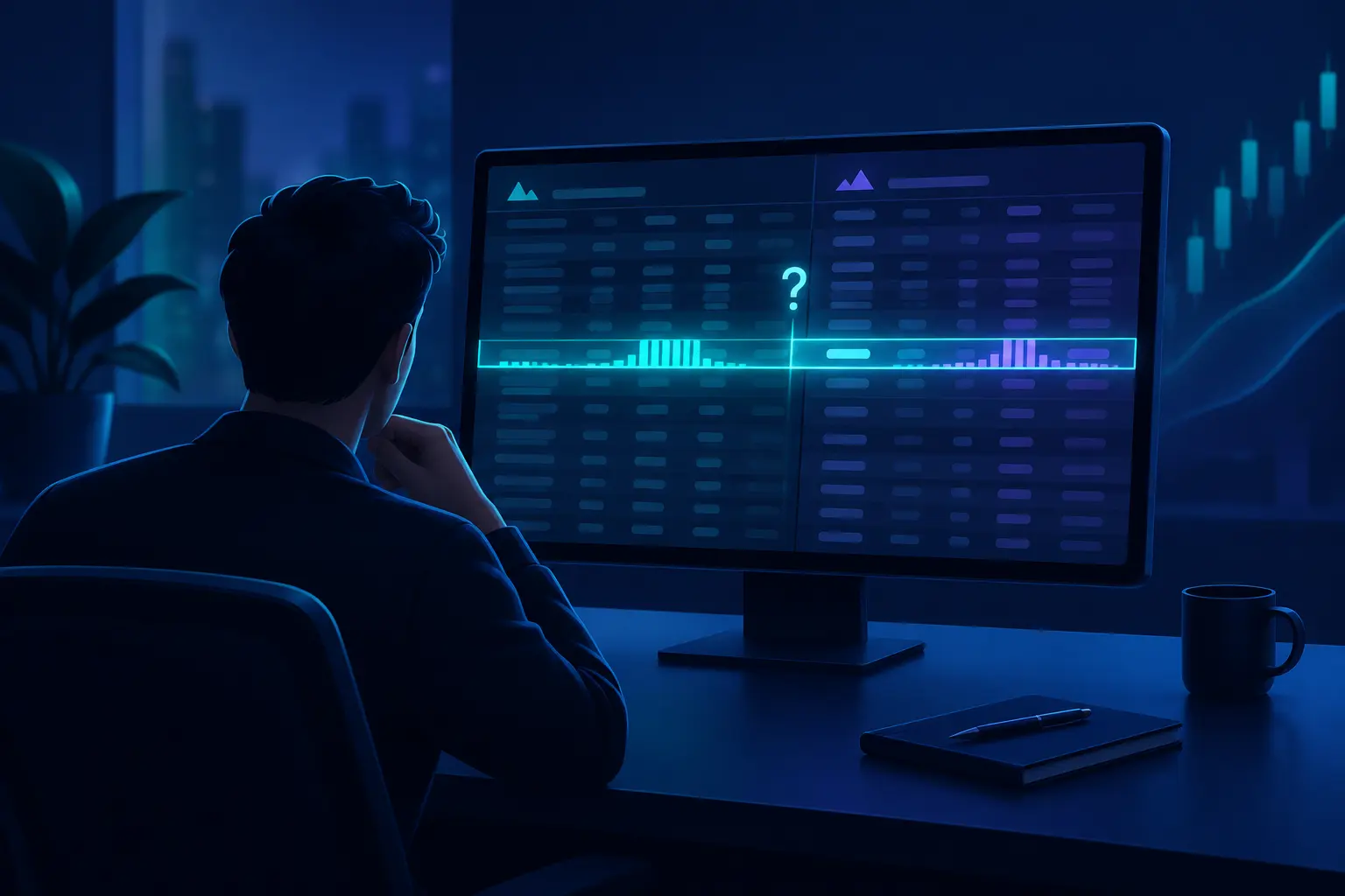 A trader at a desk studying an options chain on a monitor where one highlighted row shows a burst of activity among quiet rows, with a question mark above it