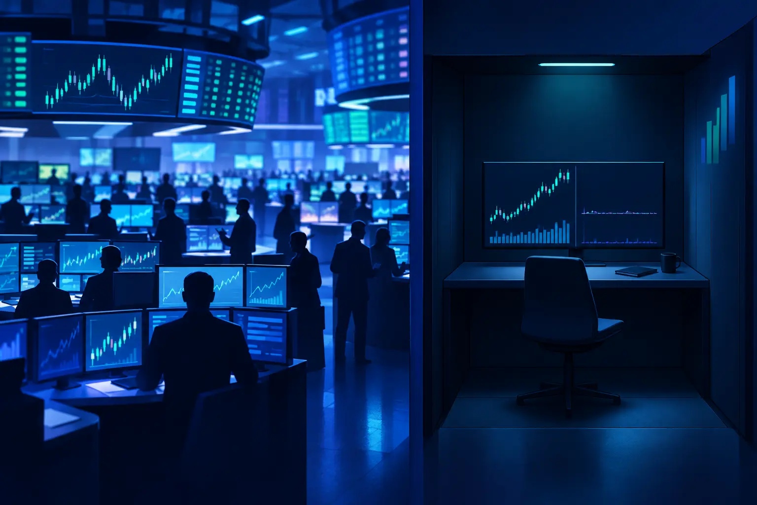 A busy stock market floor on one side and an almost empty options trading booth on the other, showing heavy activity in a stock but little in one of its option contracts
