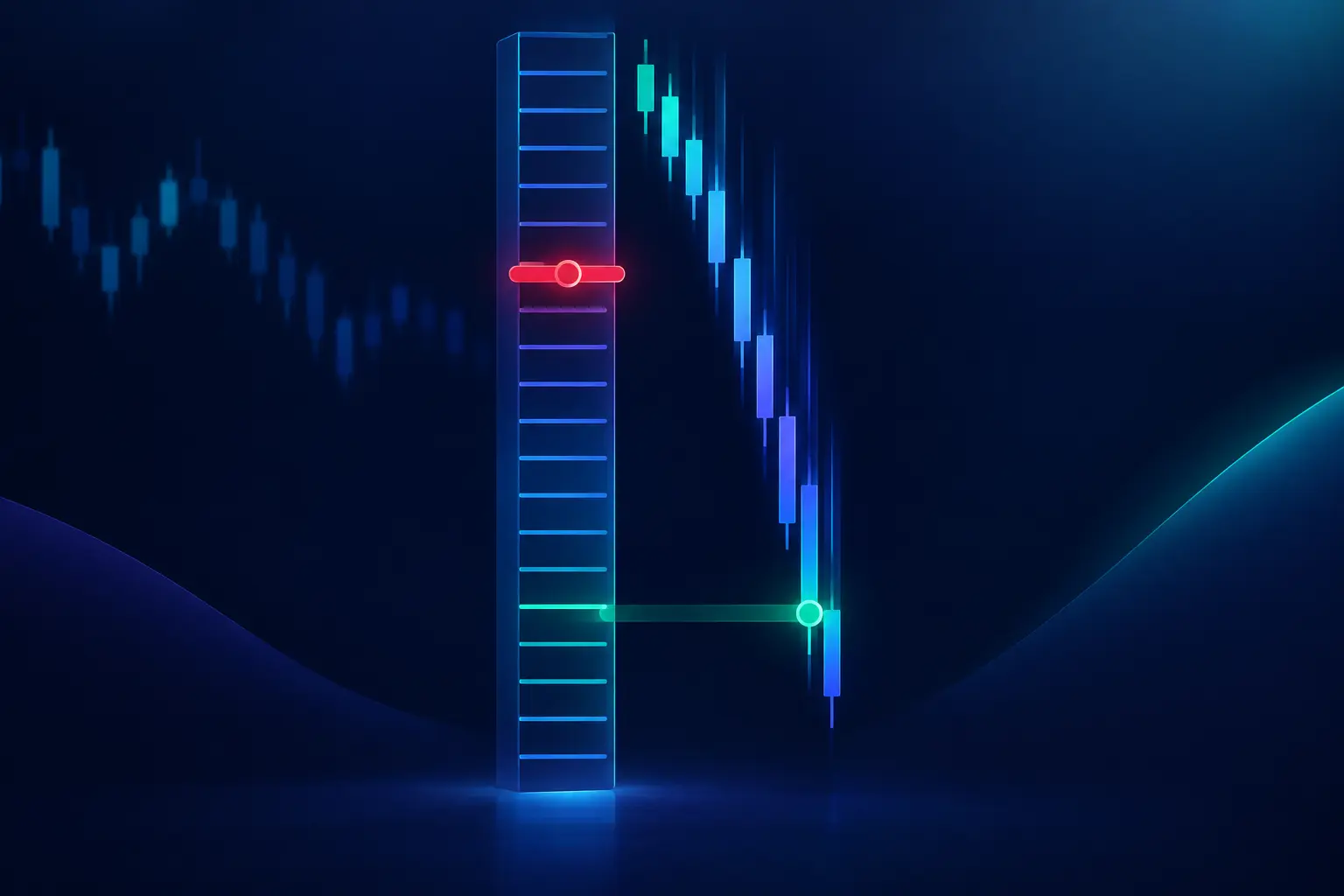 A vertical price ladder with a red stop marker on one rung while falling candles streak past it, and a green fill marker connects to the ladder several rungs lower.