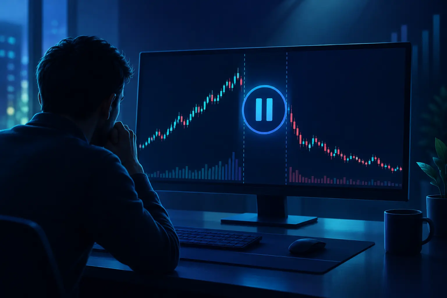 A trader watching a monitor where a rising candlestick chart is cut by a large pause symbol, and the candles on the far side of the pause resume much lower and keep falling.