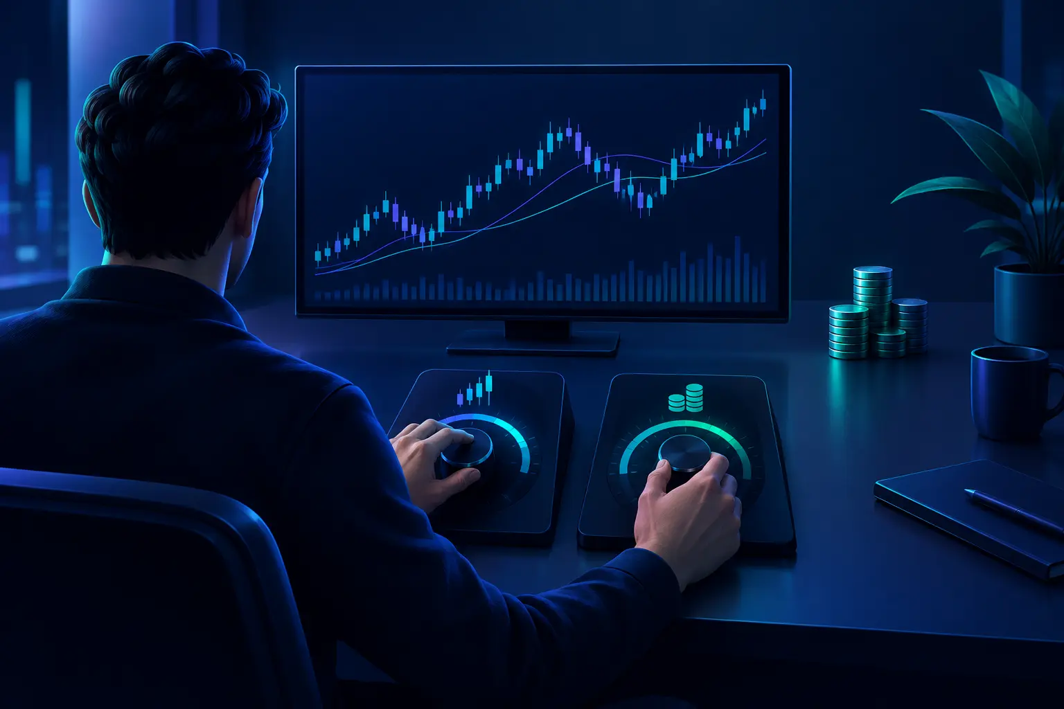 A trader at a desk turning two separate dials, one marked with a small price chart and the other with a stack of coins, in front of a candlestick chart, showing stop distance and account risk as independent settings.