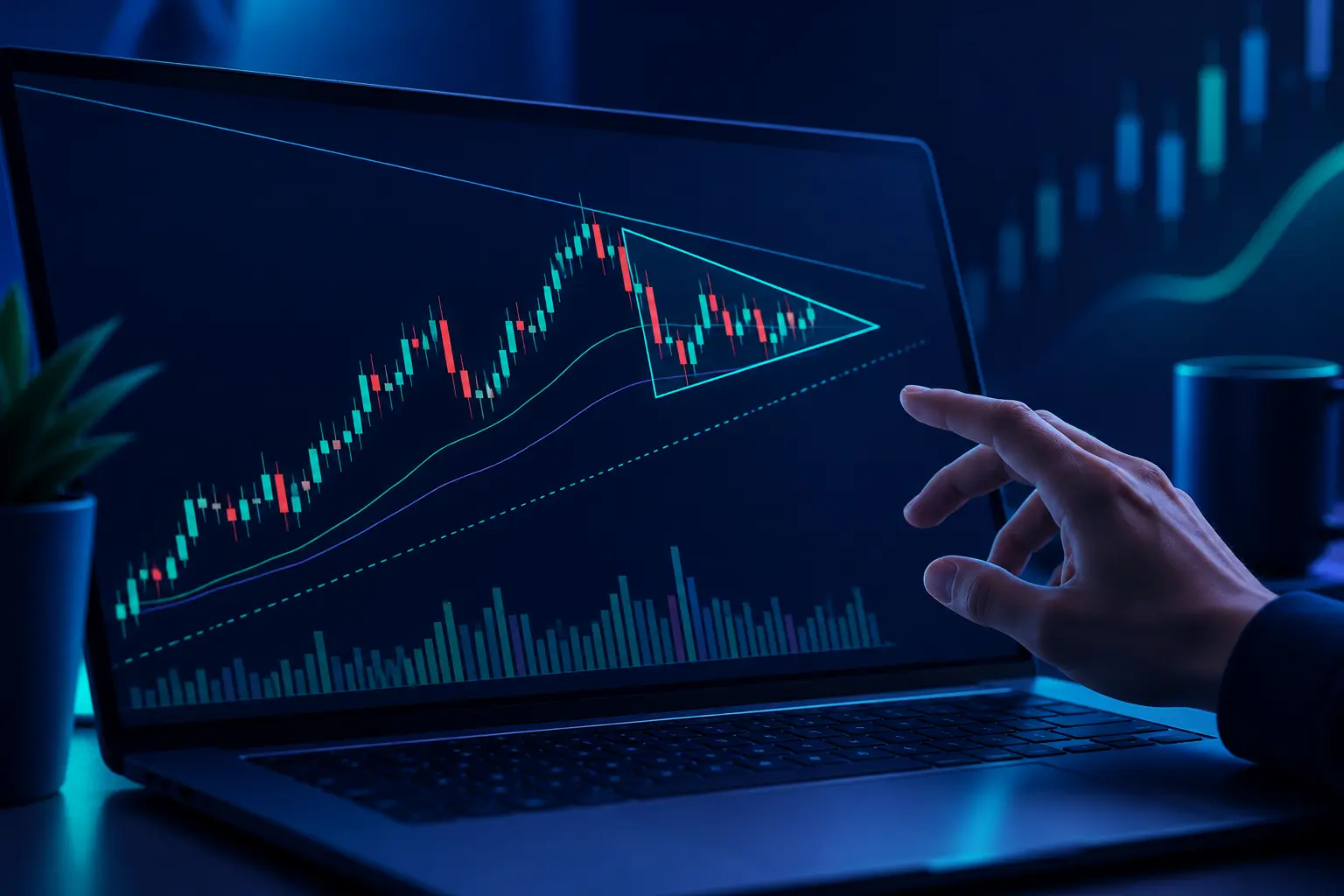 A laptop candlestick chart where software has drawn trendlines and outlined a triangle pattern, with a trader's hand reaching toward the screen to review it