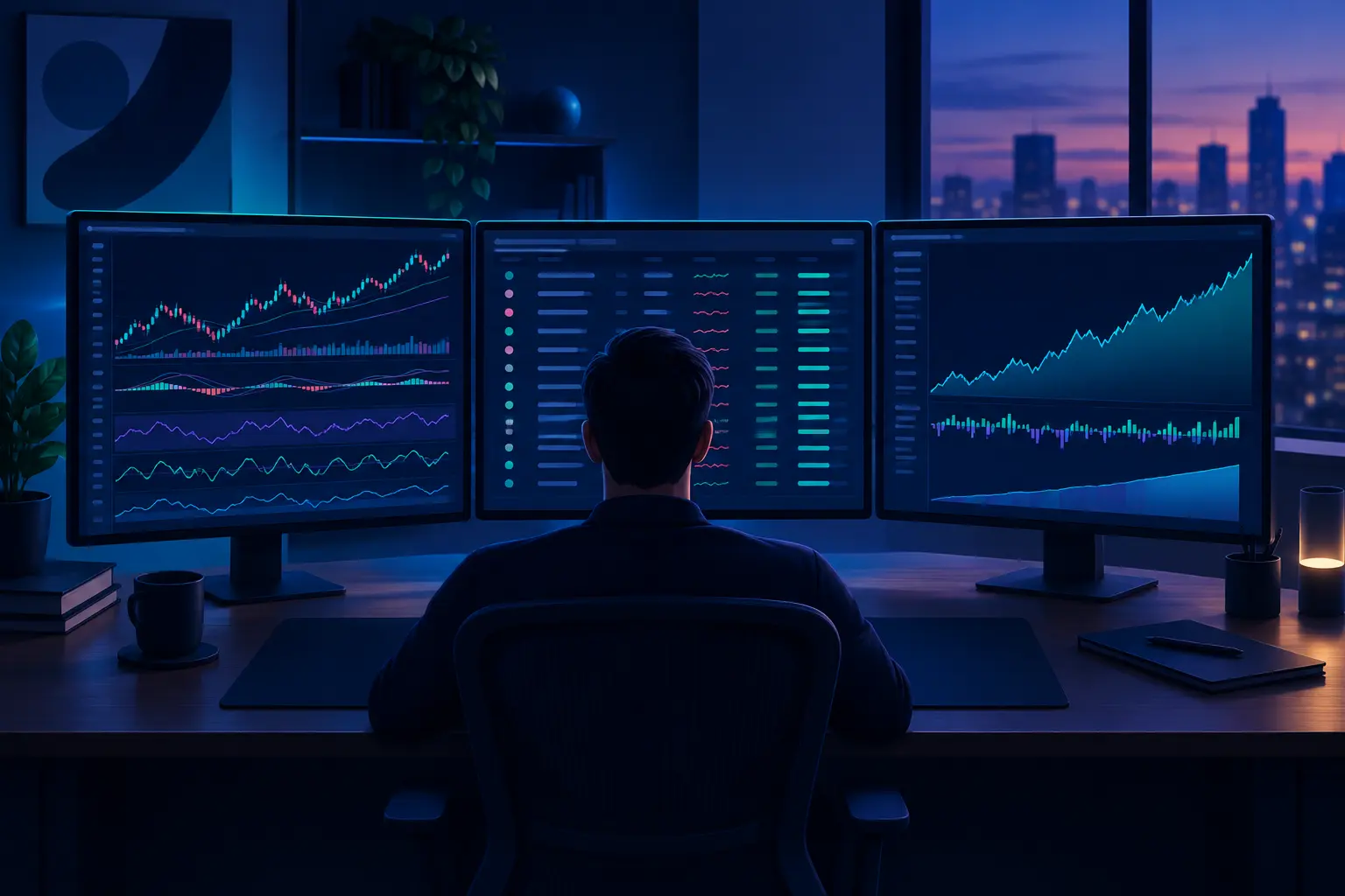 A trader seen from behind at a desk with three monitors: stacked indicator panes on the left, a scanner results list in the middle, and a backtest equity curve on the right