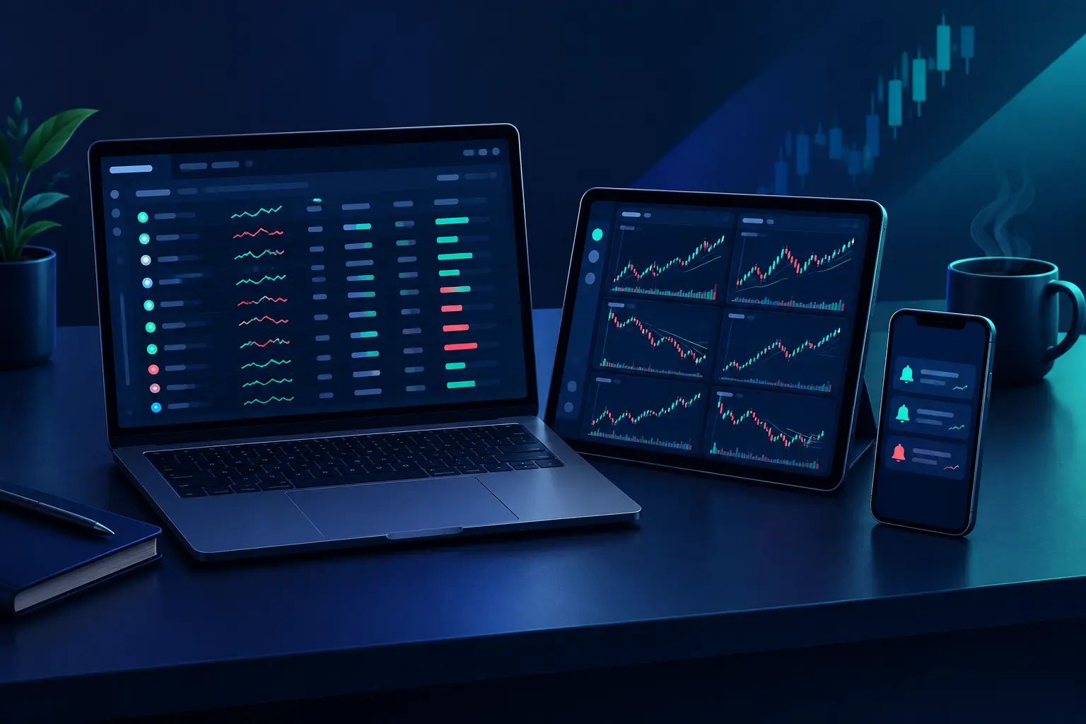 A laptop showing a scan results list, a tablet showing a grid of six candlestick charts, and a phone showing price alert notifications, laid out on a desk