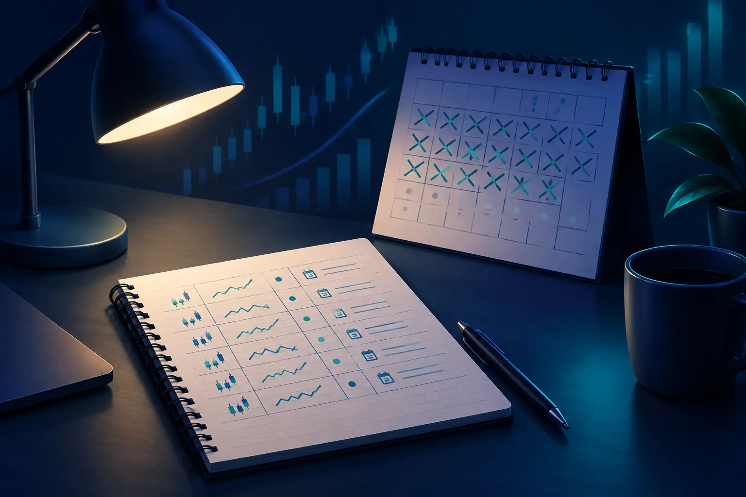 A notebook with a table of stock picks and dates beside a desk calendar with several weeks crossed off, under a desk lamp