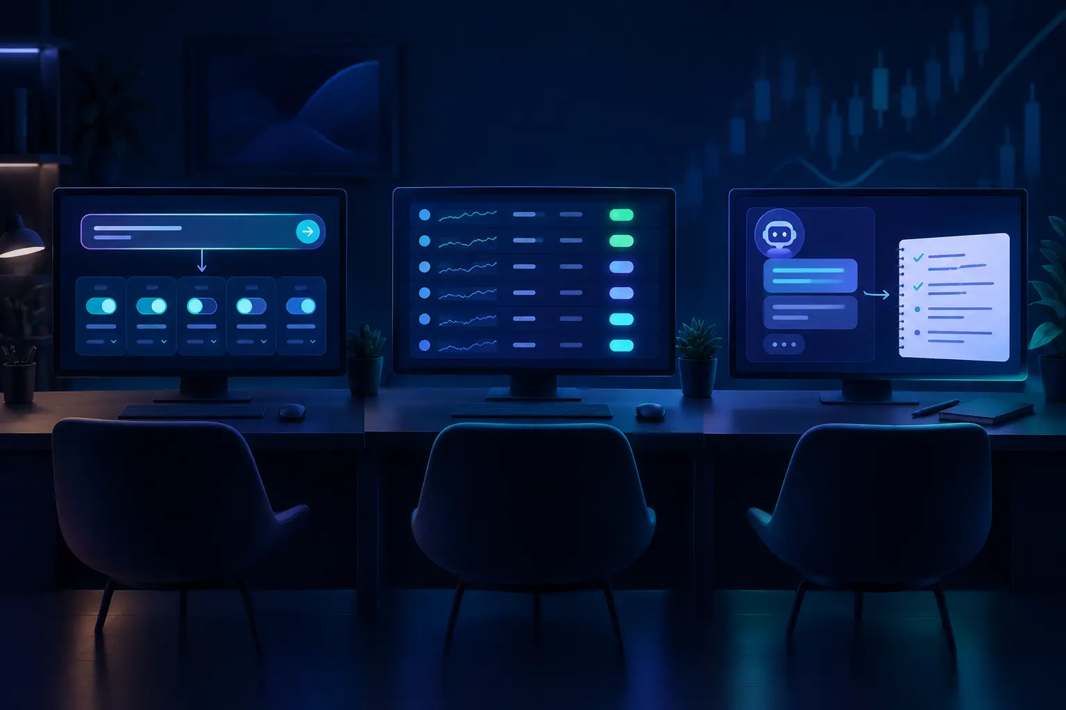 Three desks in a dark room, one monitor turning a typed prompt into filter switches, one listing stocks with colored score badges, and one showing a chatbot drafting a checklist