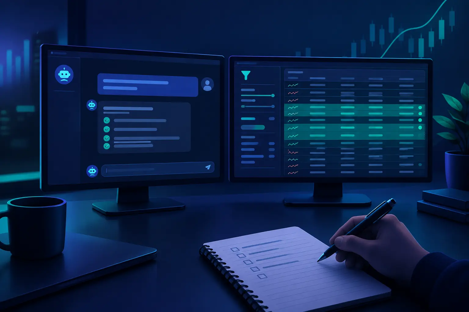 Two monitors on a trader's desk, a chatbot drafting a checklist of rules on the left and a screener table with a few highlighted rows on the right, while a hand writes on a notepad