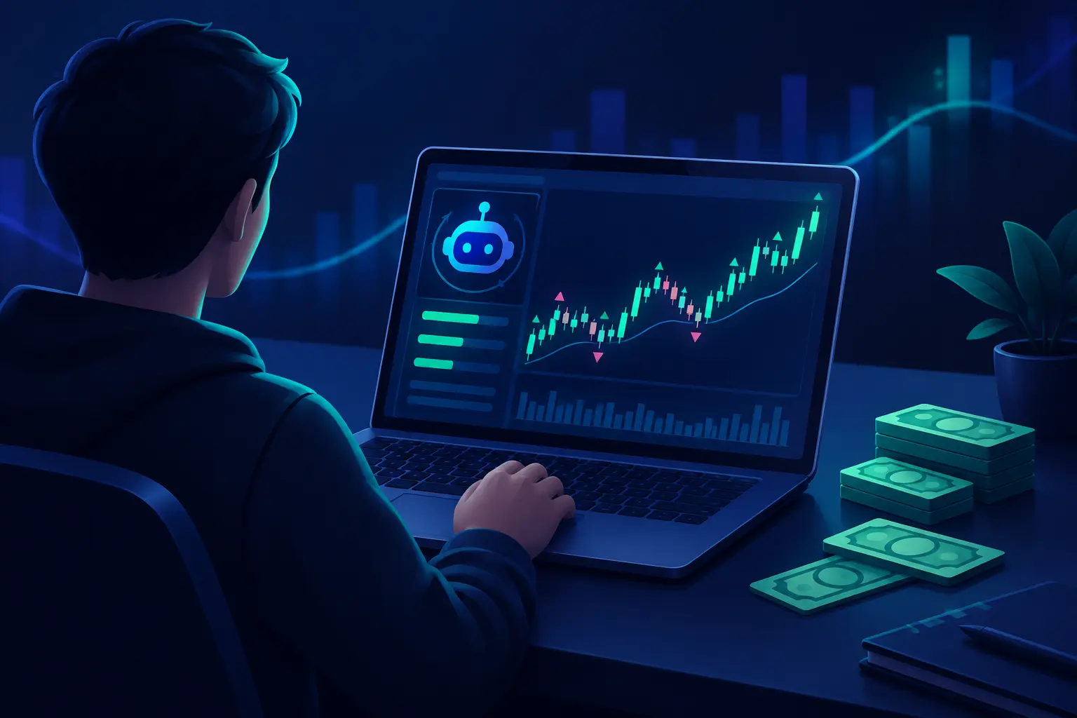 A beginner at a laptop watching a simulated trading bot run against a live price chart, with a paper money stack beside the keyboard