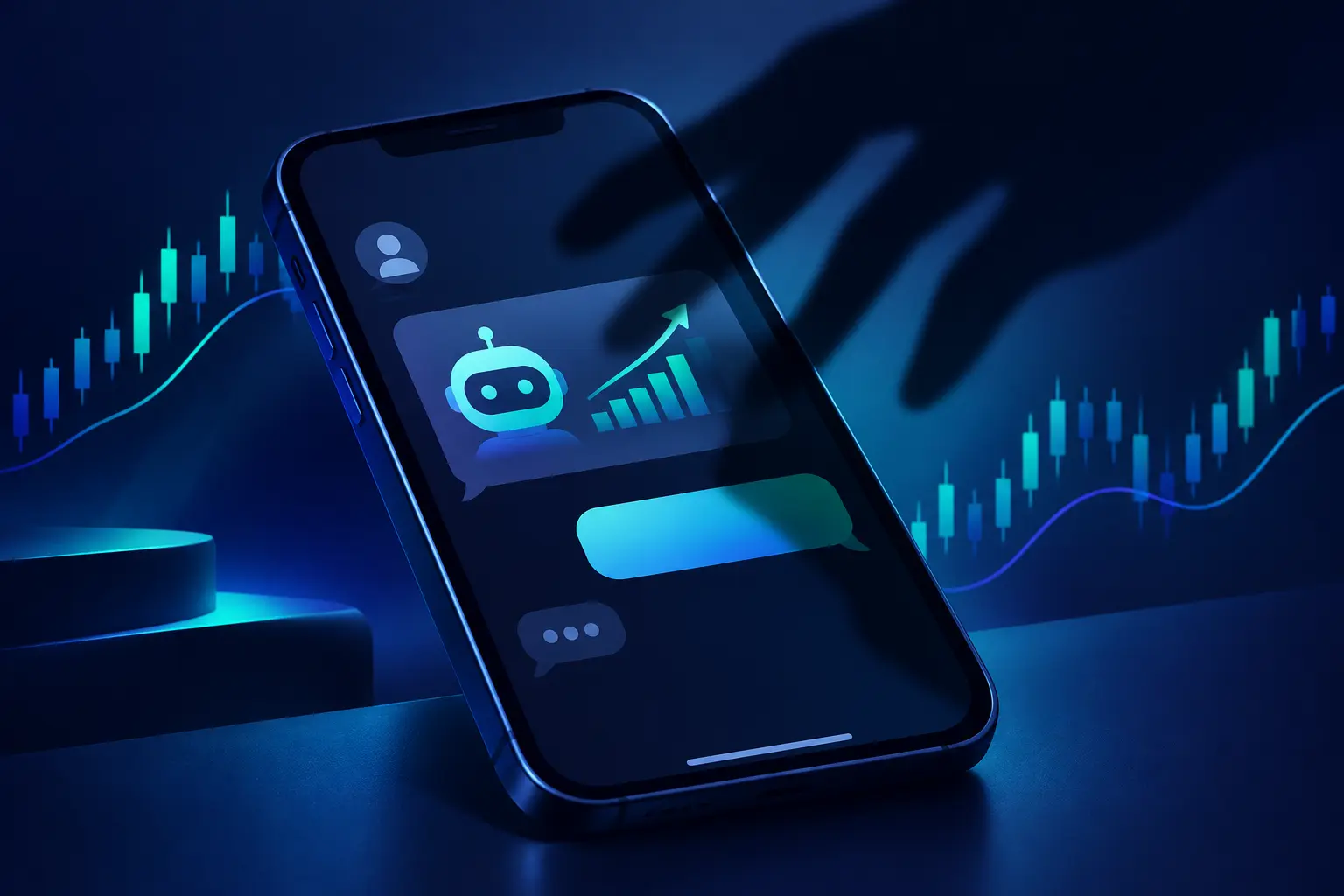 A smartphone chat showing a robot icon and a rising bar chart sent by an unknown contact, with a hand-shaped shadow reaching across the screen