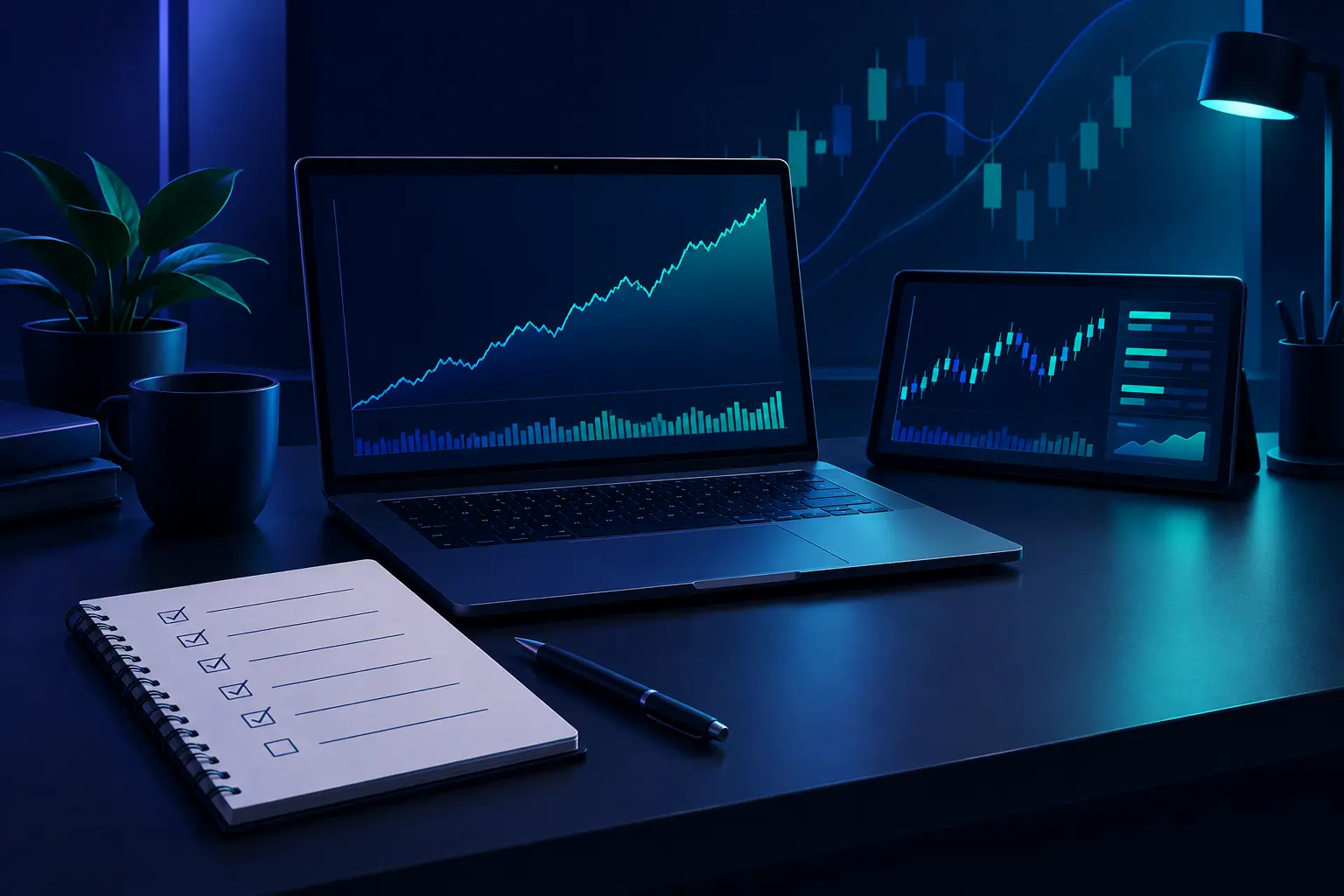 A trader's desk with a written checklist next to a laptop showing a backtest equity curve and a separate live account screen