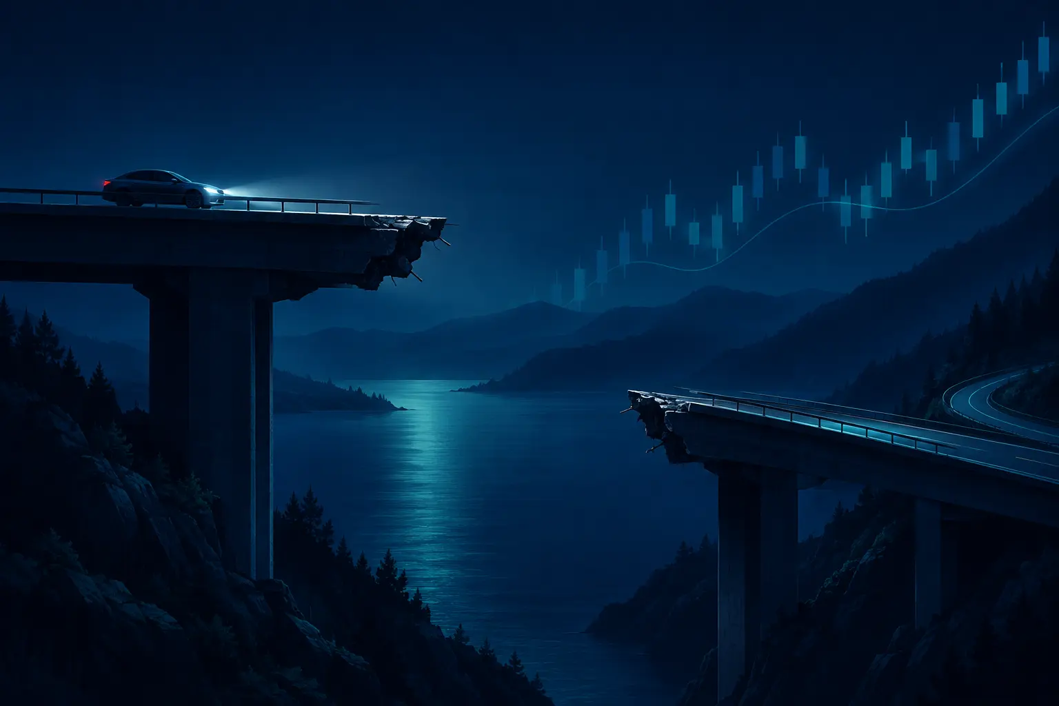 A dark highway bridge with a span missing in the middle, a car's headlights stopped at the edge and the road resuming far lower on the other side.