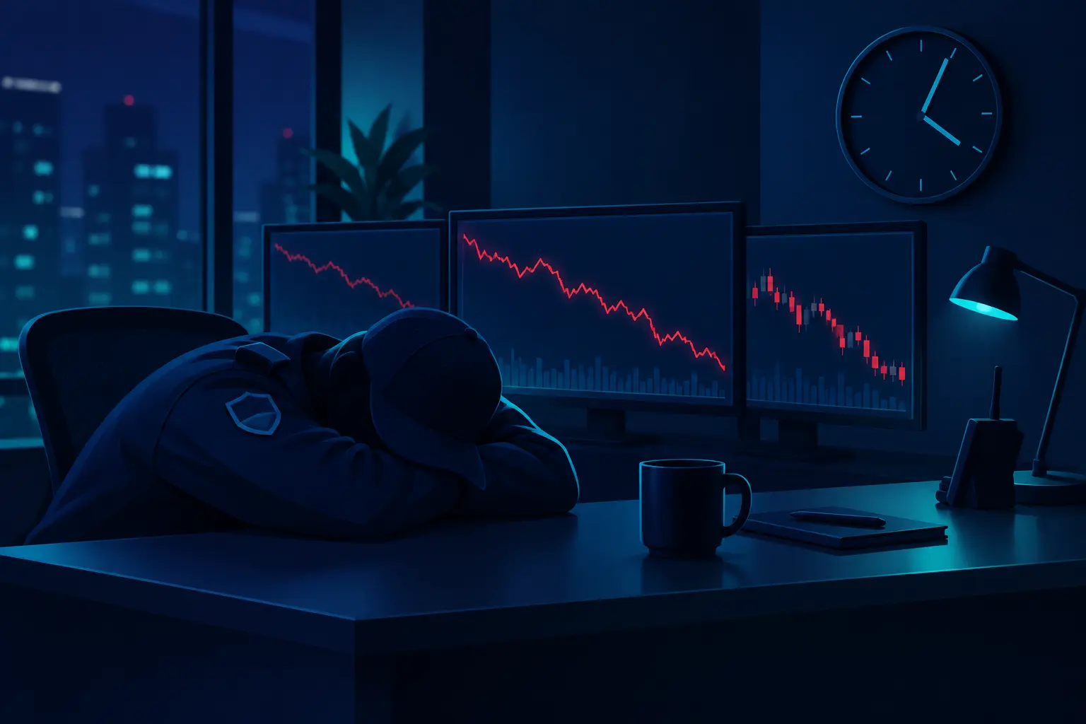 A night-shift security guard asleep at a desk under a wall clock showing just past four, while monitors behind them show a red price line dropping in the dark.