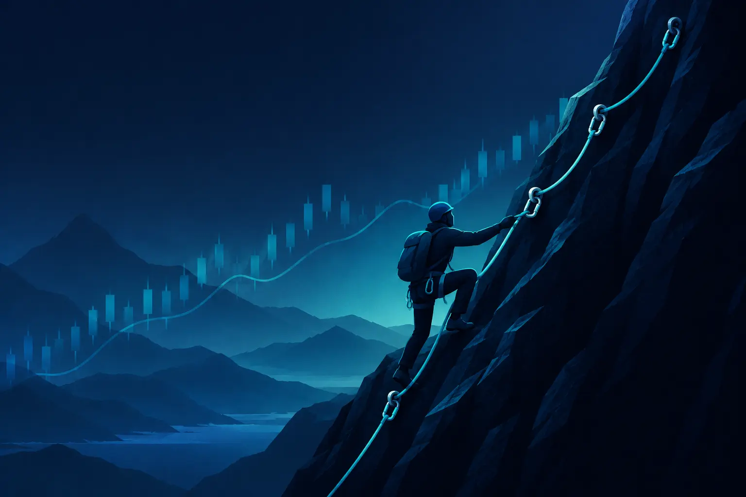 A climber on a dark cliff face clipping a rope into anchors that step upward behind them, each new anchor higher than the last, with the rope never sliding back down.
