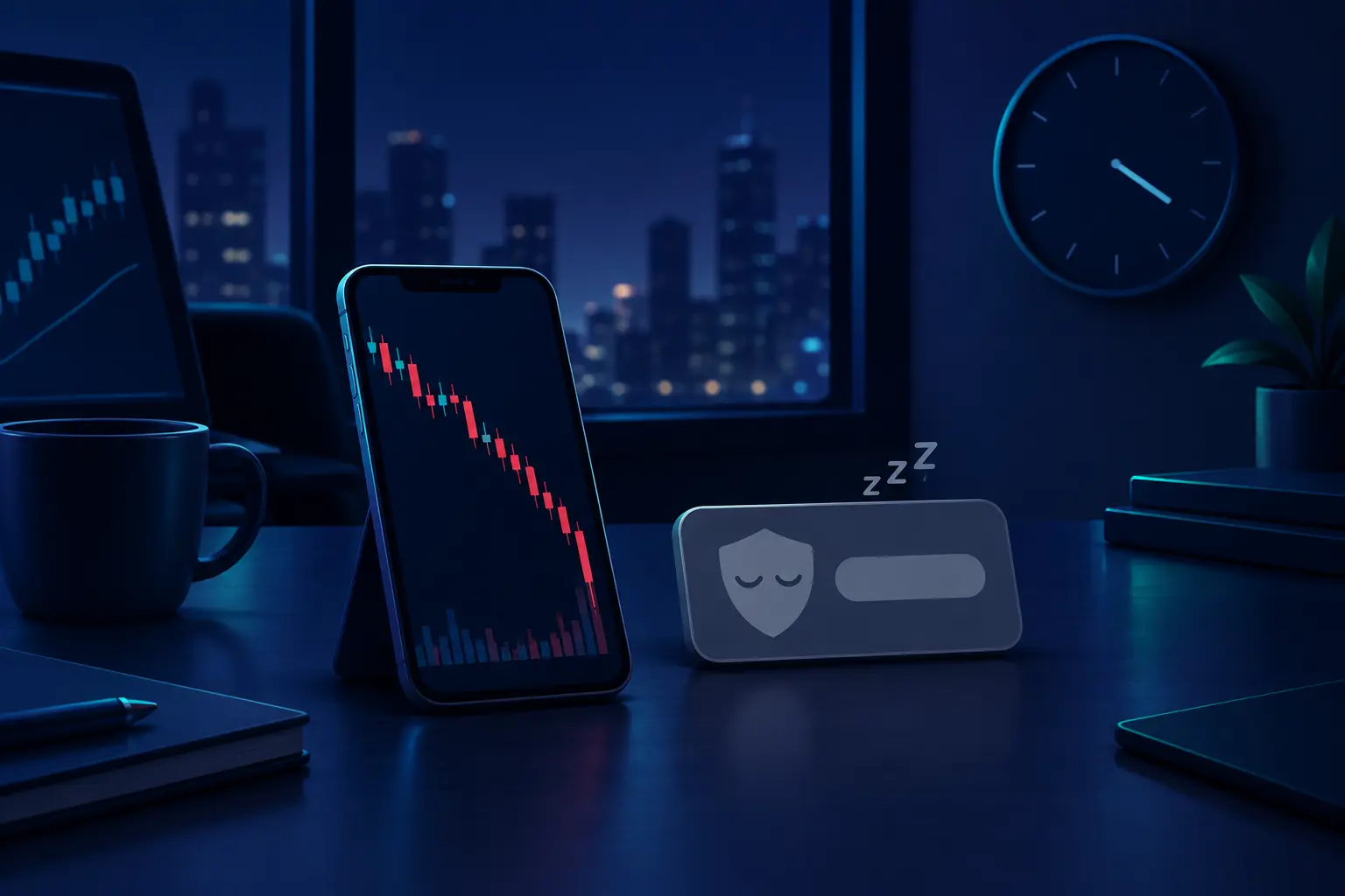 A desk at night with a city skyline in the window, a phone showing a falling red chart, a greyed-out sleeping shield card beside it, and a wall clock past four.