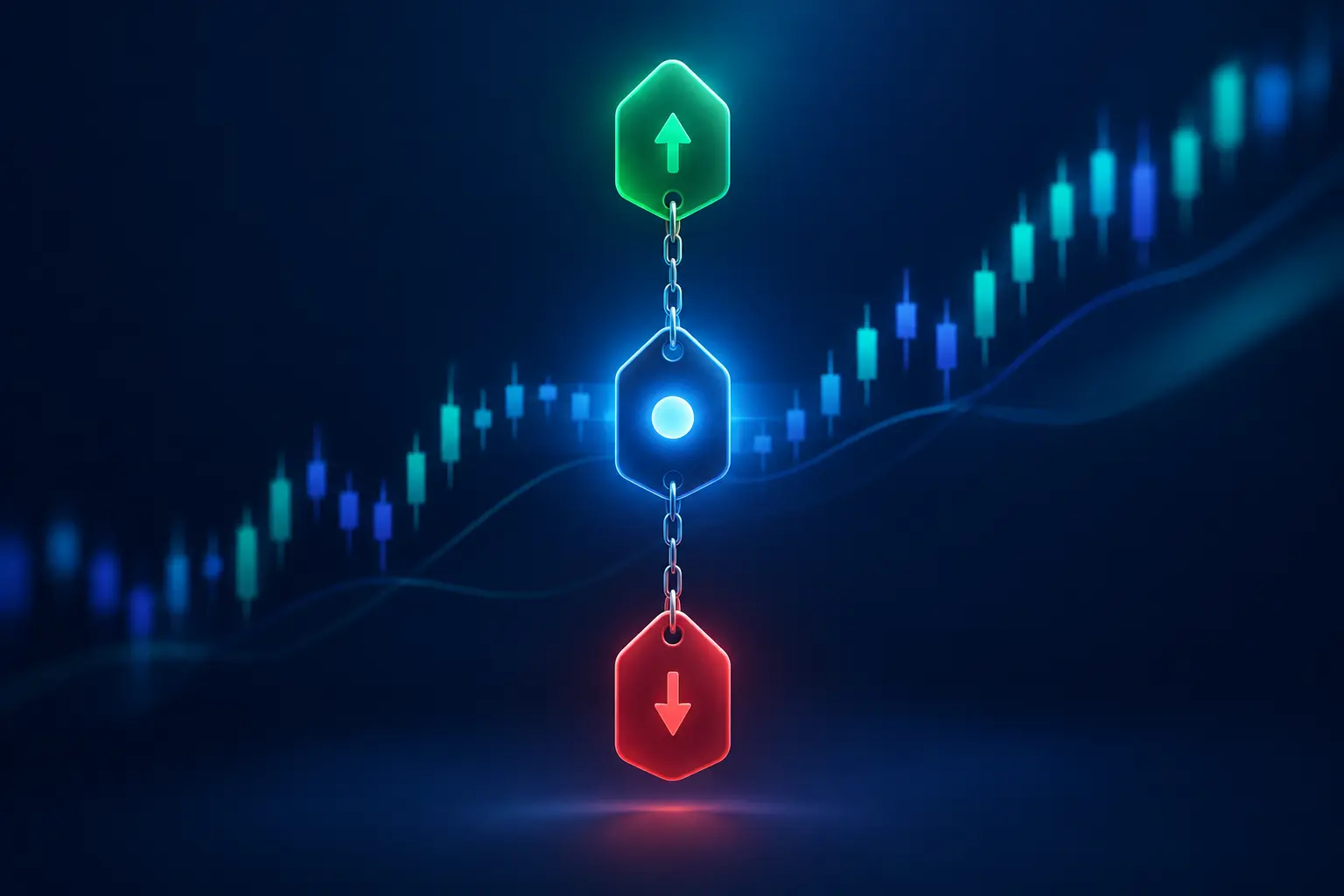 Three linked hexagonal tags on a dark chart background: a blue entry tag in the middle chained to a green target tag above and a red stop tag below.