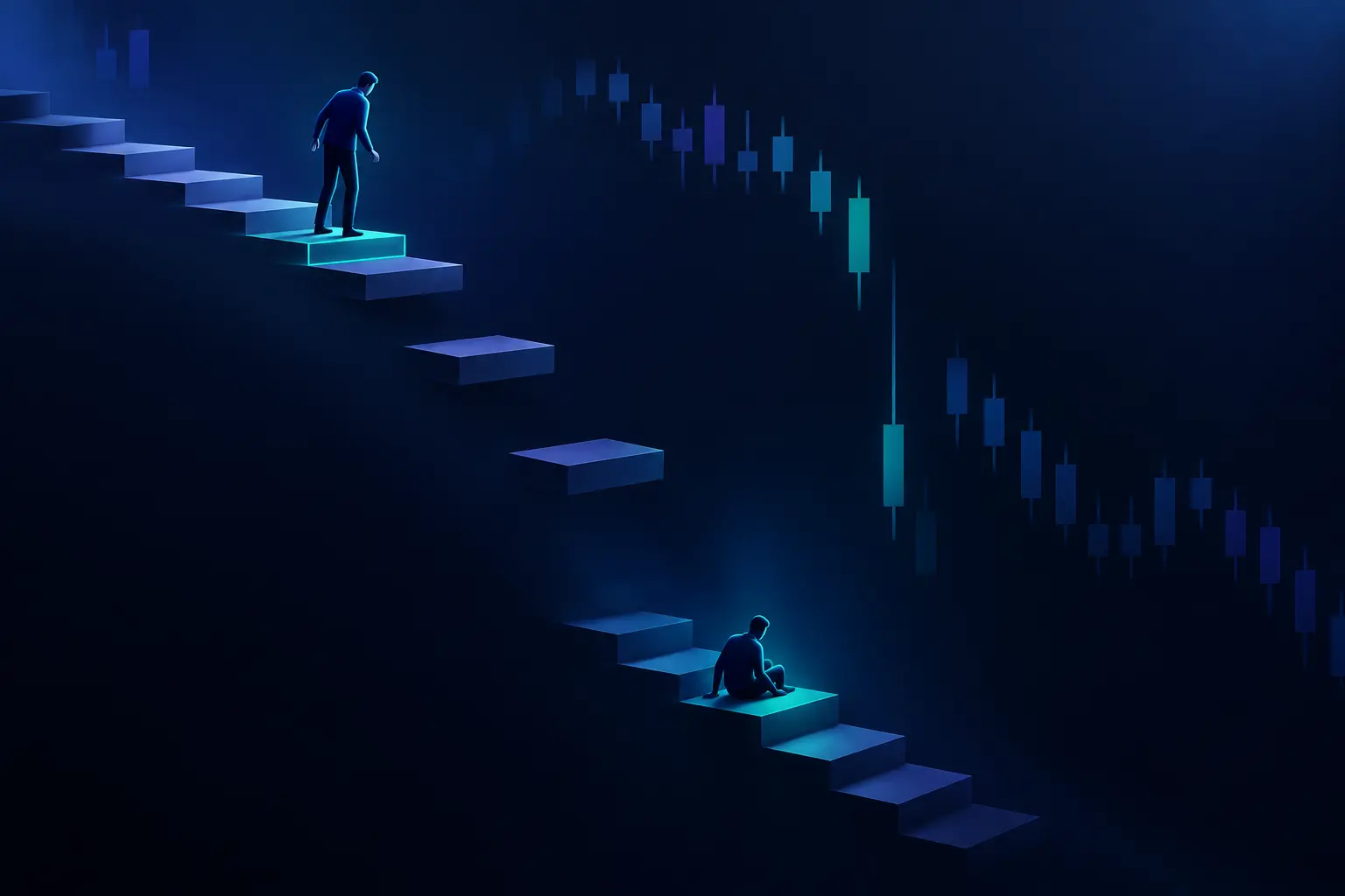 A figure at the top of a dark staircase looking down at a run of missing steps, while a second figure sits on a step far below where they meant to stop.